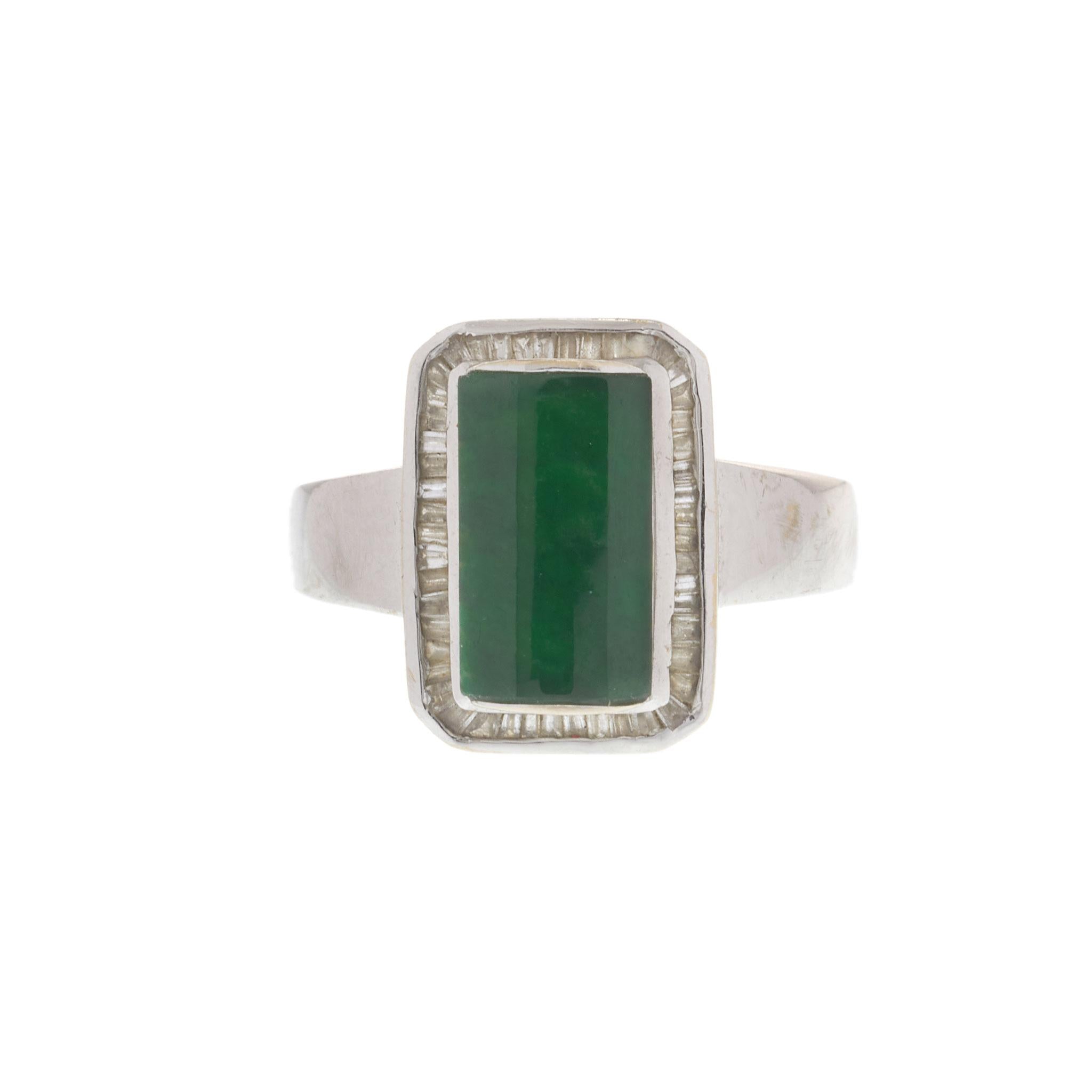 Vintage 18KT White Gold Jade & Baguette Diamond Ring