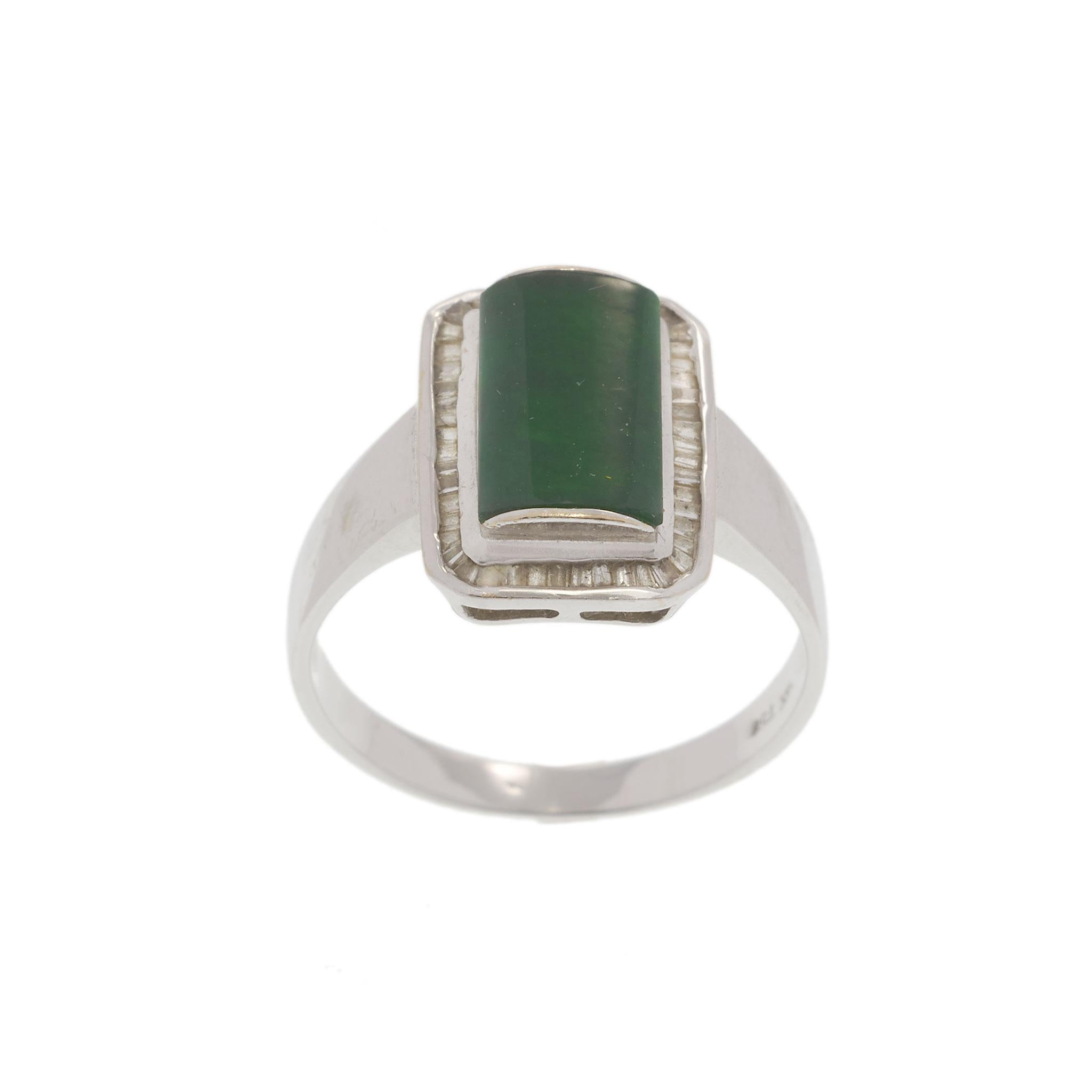 Vintage 18KT White Gold Jade & Baguette Diamond Ring