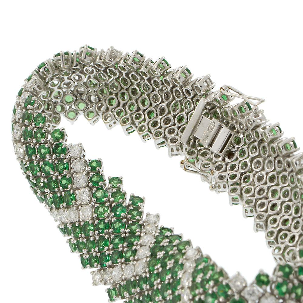 Vintage 18KT White Gold Chevron Mesh Bracelet with Tsavorites and Diamonds