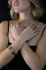 Antique Victorian 18KT Yellow Gold Blue Enamel, Pearl, and Sapphire Row Bracelet