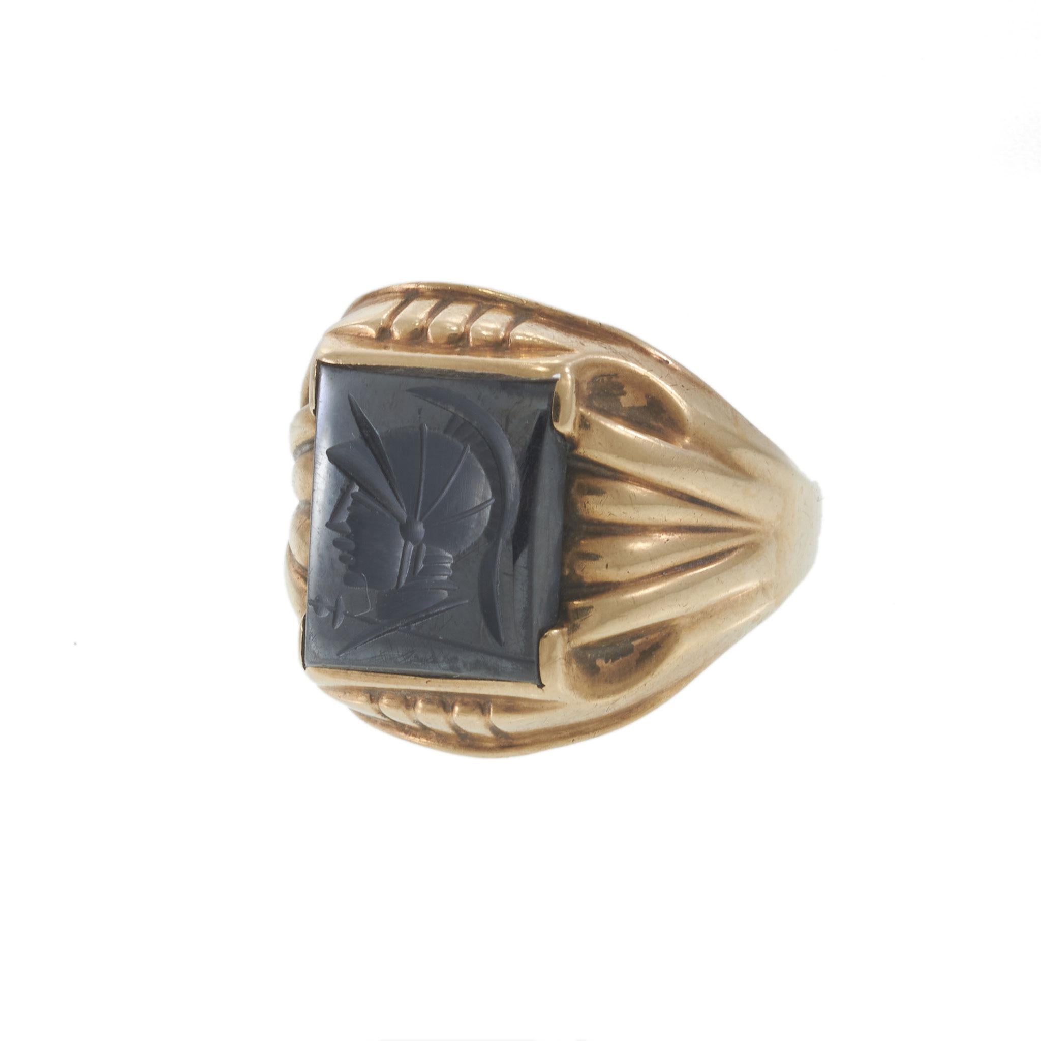Antique 10KT Yellow Gold Carved Hematite Roman Warrior Intaglio Signet Ring