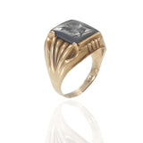 Antique 10KT Yellow Gold Carved Hematite Roman Warrior Intaglio Signet Ring