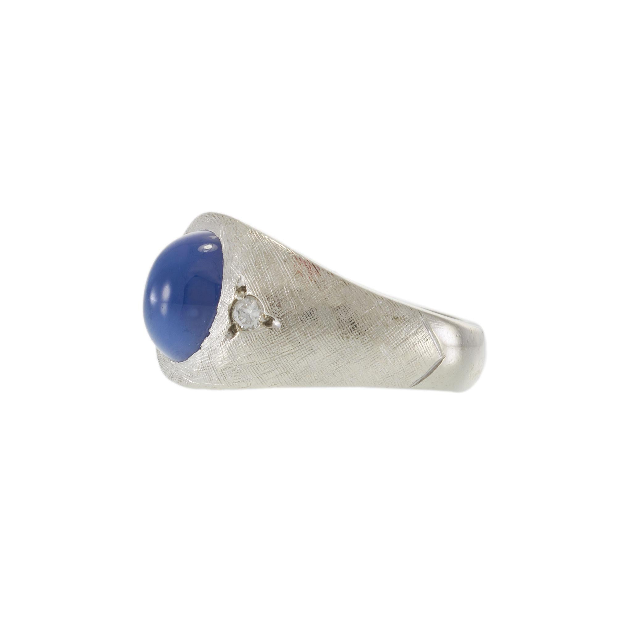 Vintage 14KT White Gold Blue Synthetic Star Sapphire and Diamond Ring
