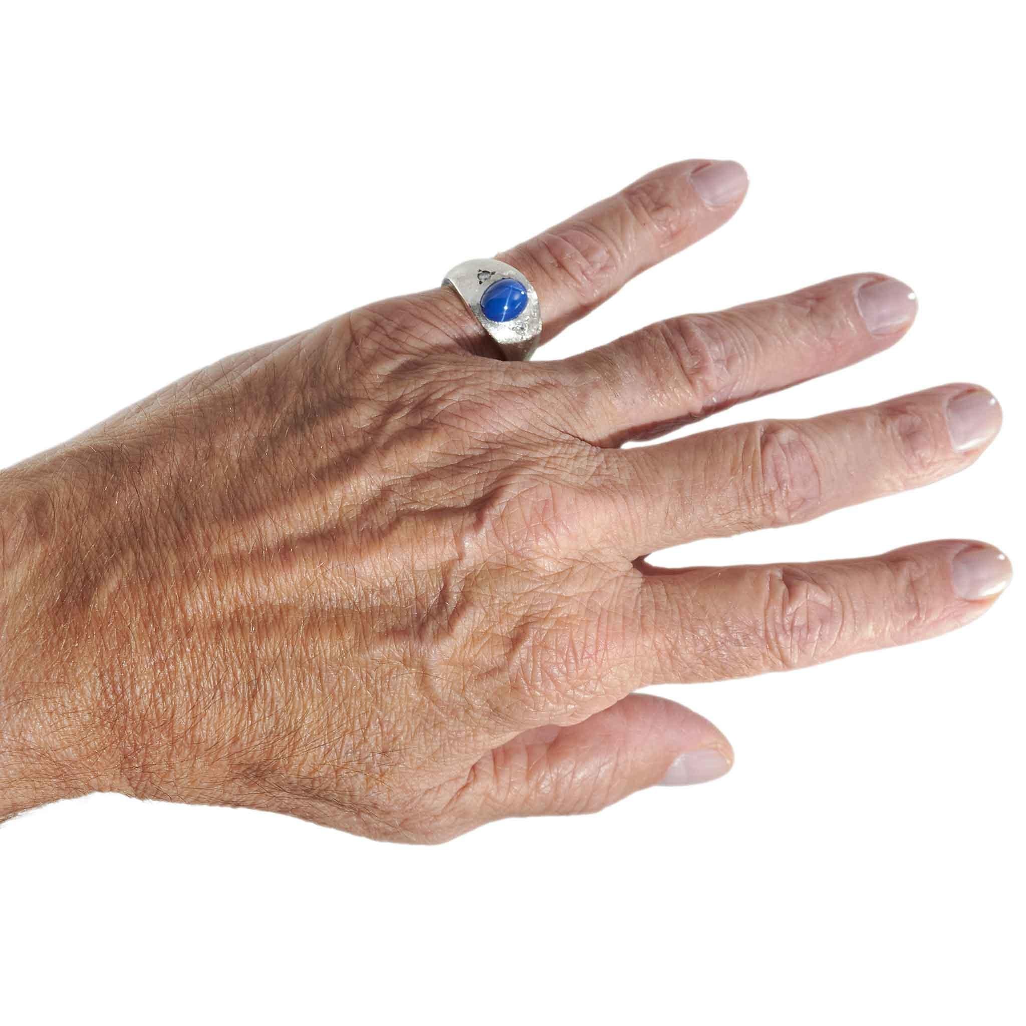 Vintage 14KT White Gold Blue Synthetic Star Sapphire and Diamond Ring
