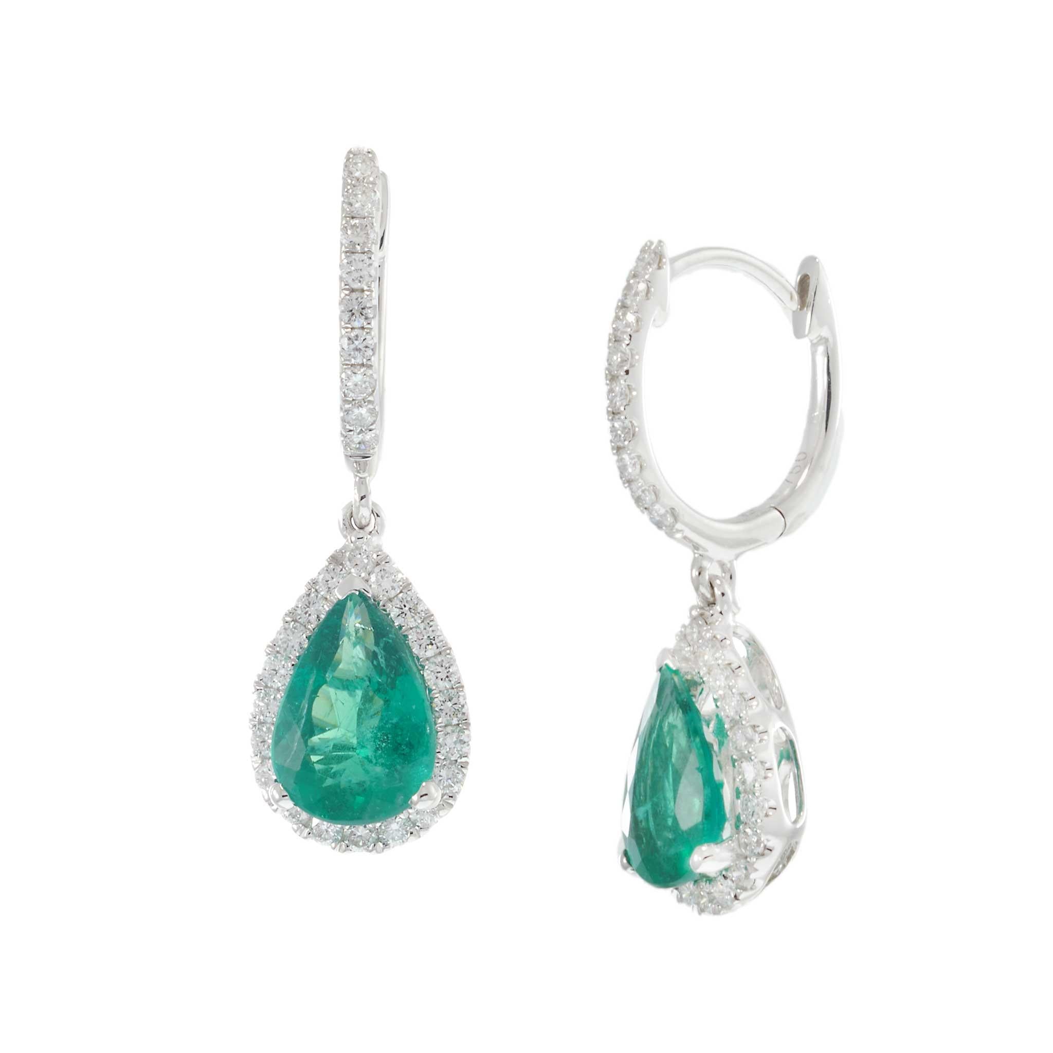 18KT White Gold Pear-Shaped Emerald and Diamond Drop Earrings