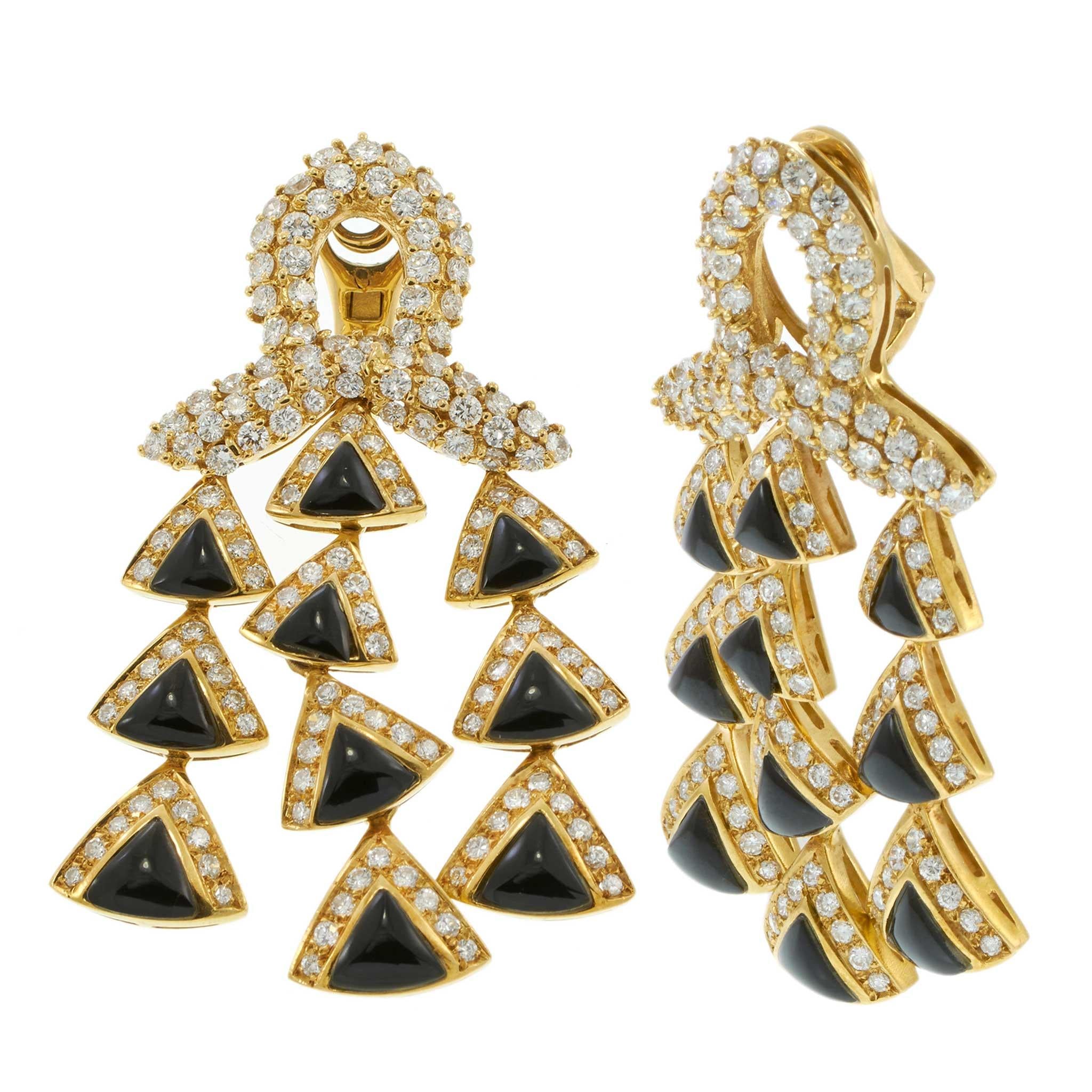 Vintage 18KT Yellow Gold Black Onyx and Diamond Triple Drop Earrings