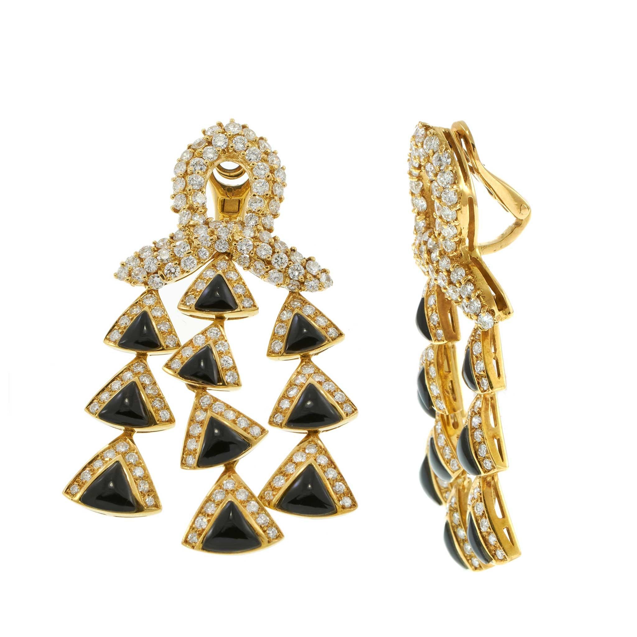 Vintage 18KT Yellow Gold Black Onyx and Diamond Triple Drop Earrings