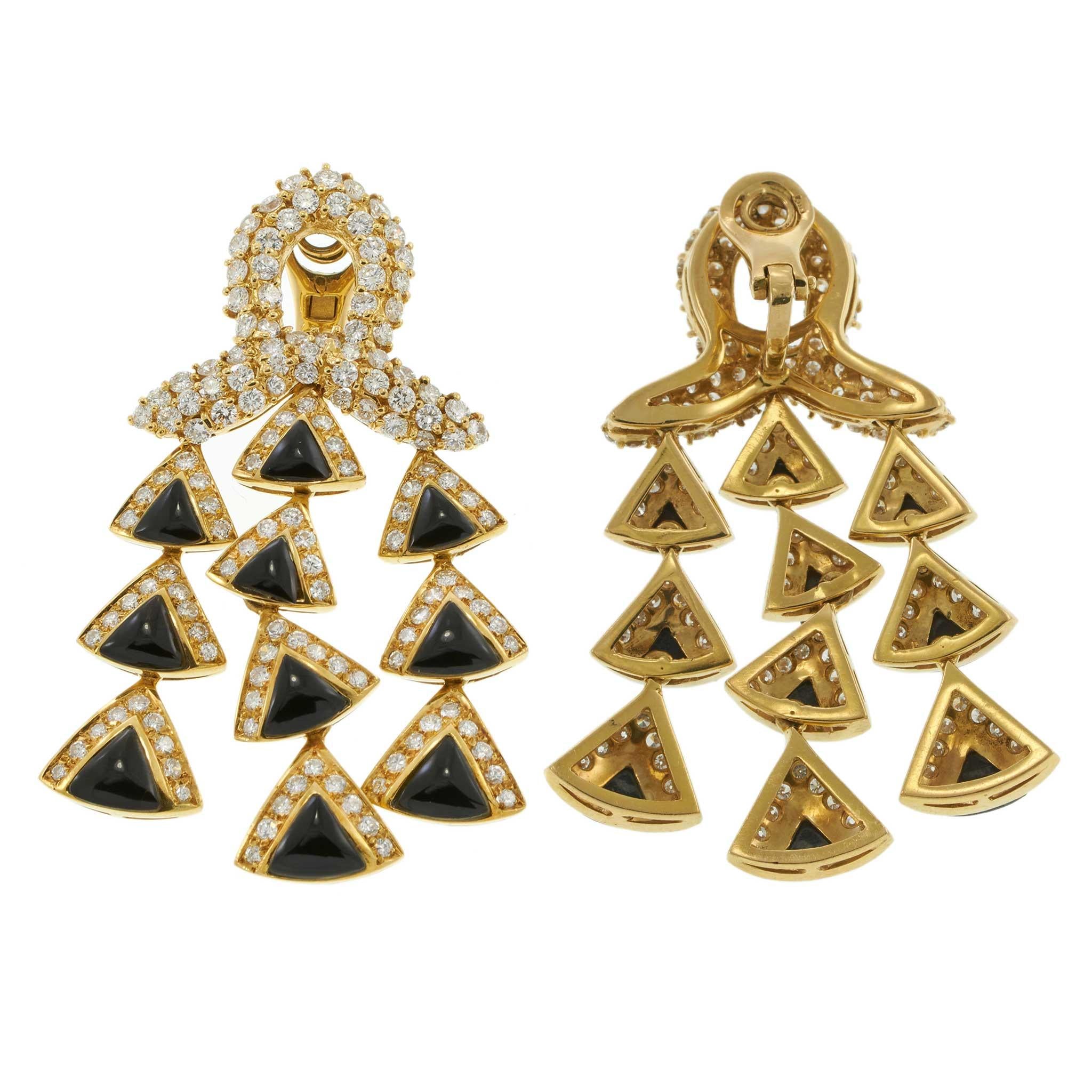 Vintage 18KT Yellow Gold Black Onyx and Diamond Triple Drop Earrings