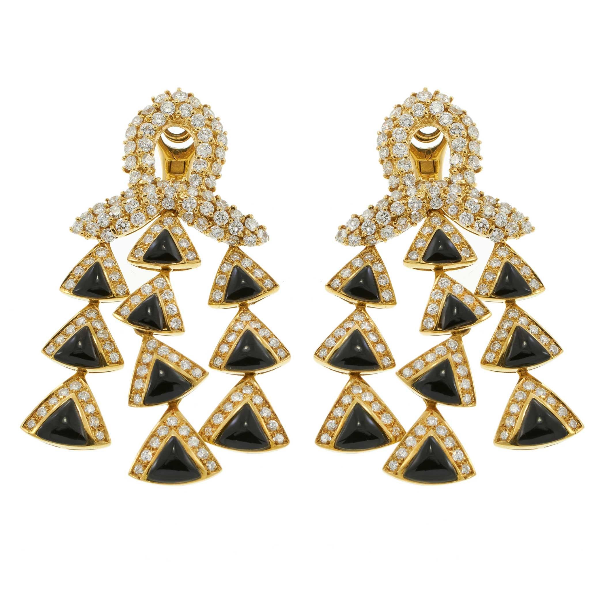 Vintage 18KT Yellow Gold Black Onyx and Diamond Triple Drop Earrings