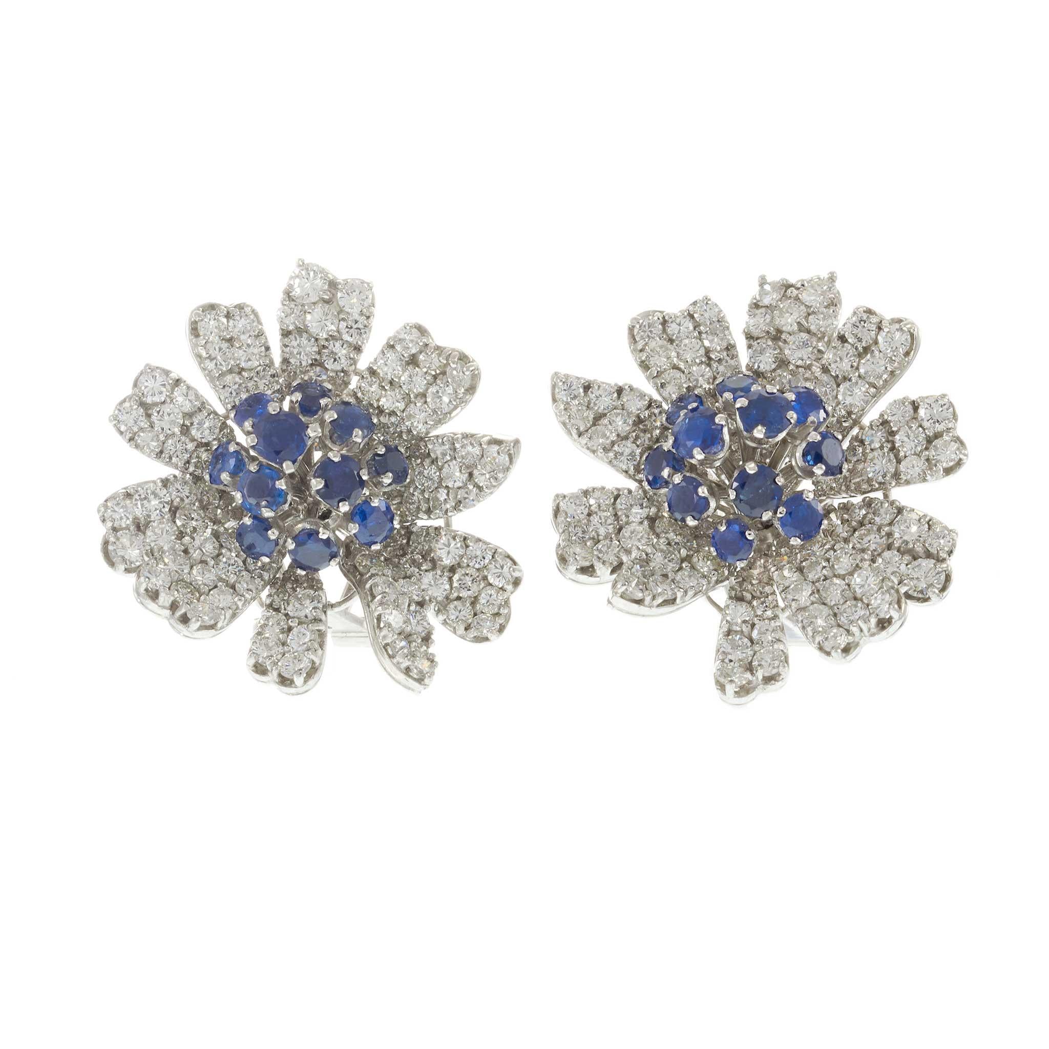 Vintage Retro Era Platinum Sapphire & Diamond Flower Earrings – 13.50CTW