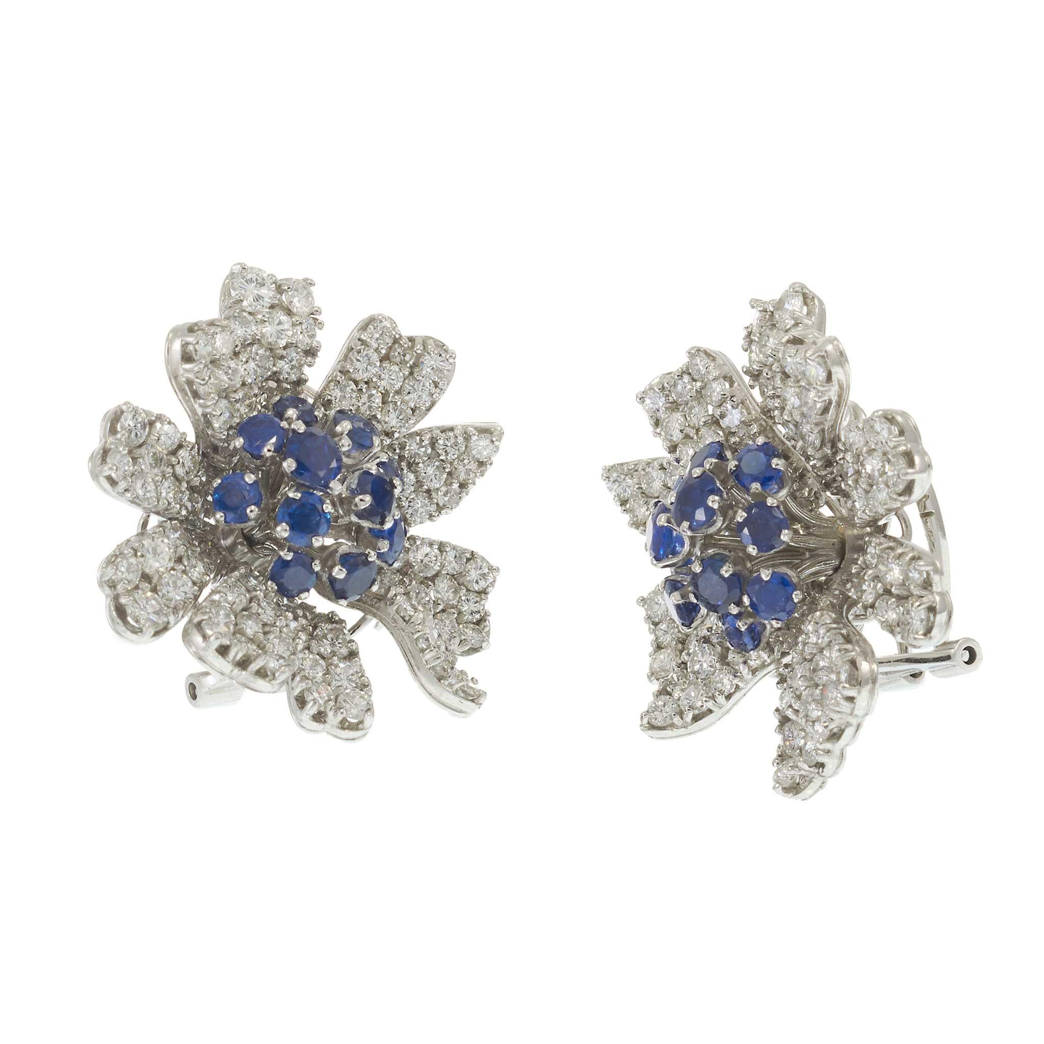 Vintage Retro Era Platinum Sapphire & Diamond Flower Earrings – 13.50CTW