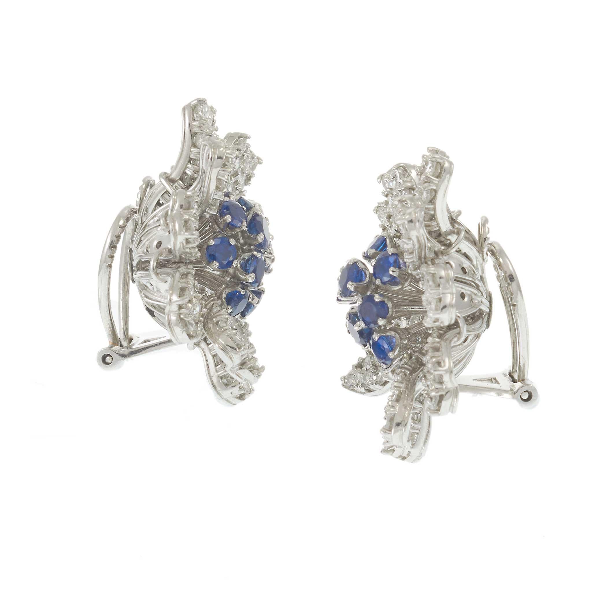 Vintage Retro Era Platinum Sapphire & Diamond Flower Earrings – 13.50CTW