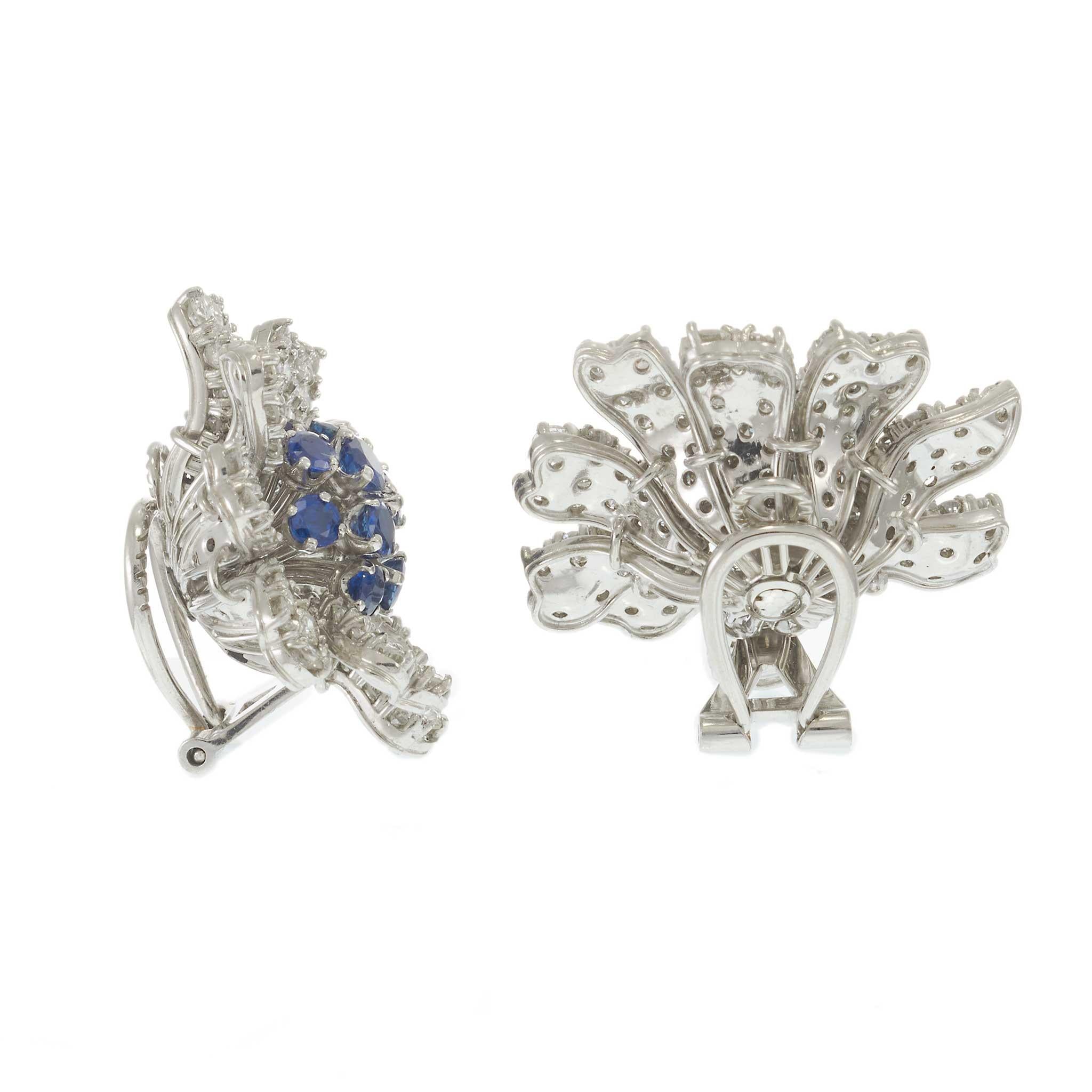 Vintage Retro Era Platinum Sapphire & Diamond Flower Earrings – 13.50CTW