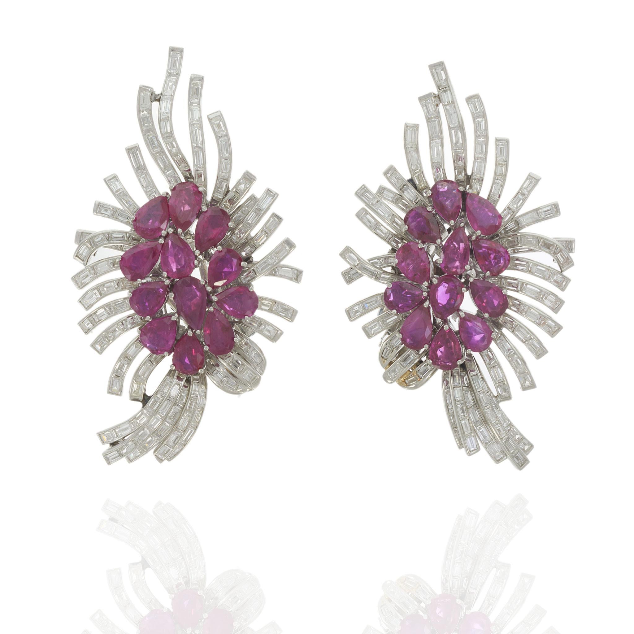 Vintage Retro Era Platinum Ruby & Diamond Clip Earrings