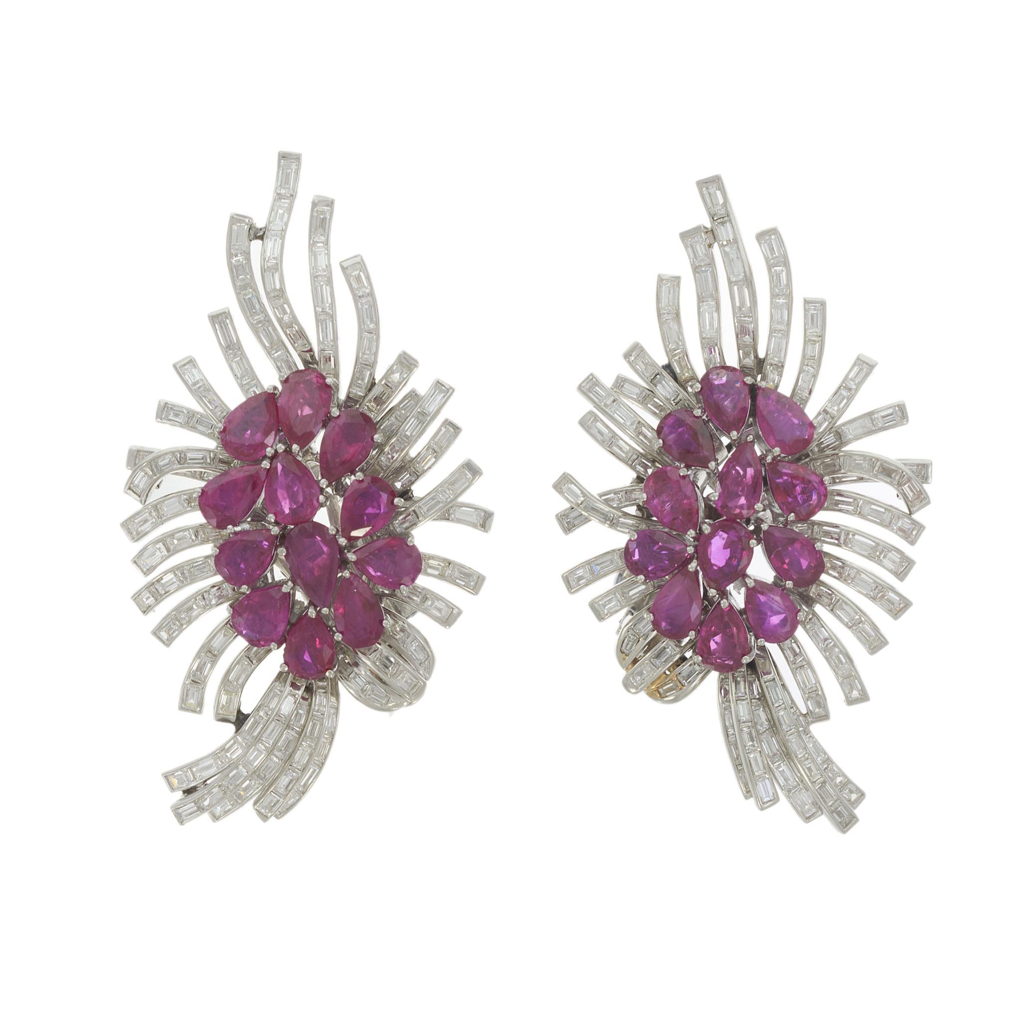 Vintage Retro Era Platinum Ruby & Diamond Clip Earrings