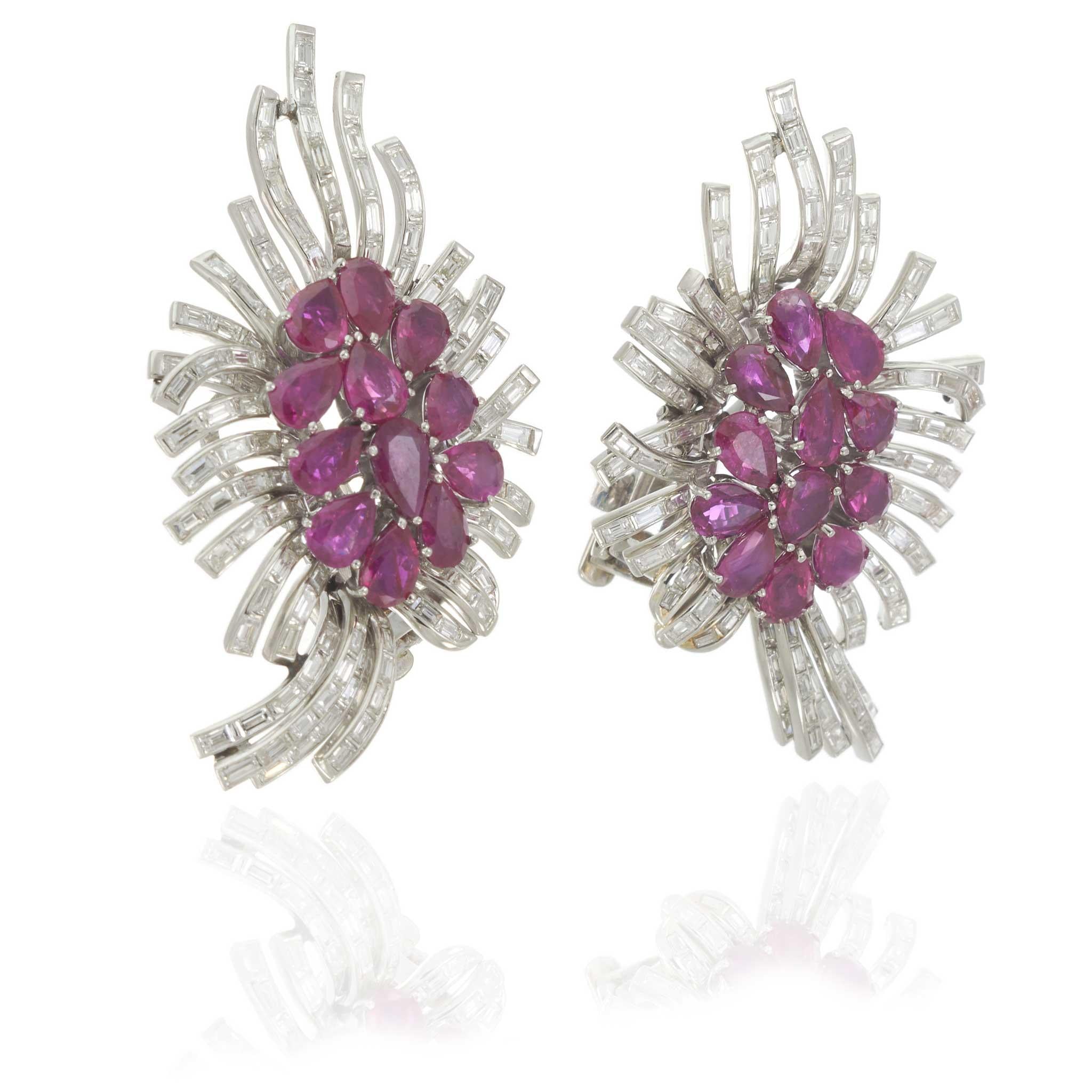 Vintage Retro Era Platinum Ruby & Diamond Clip Earrings