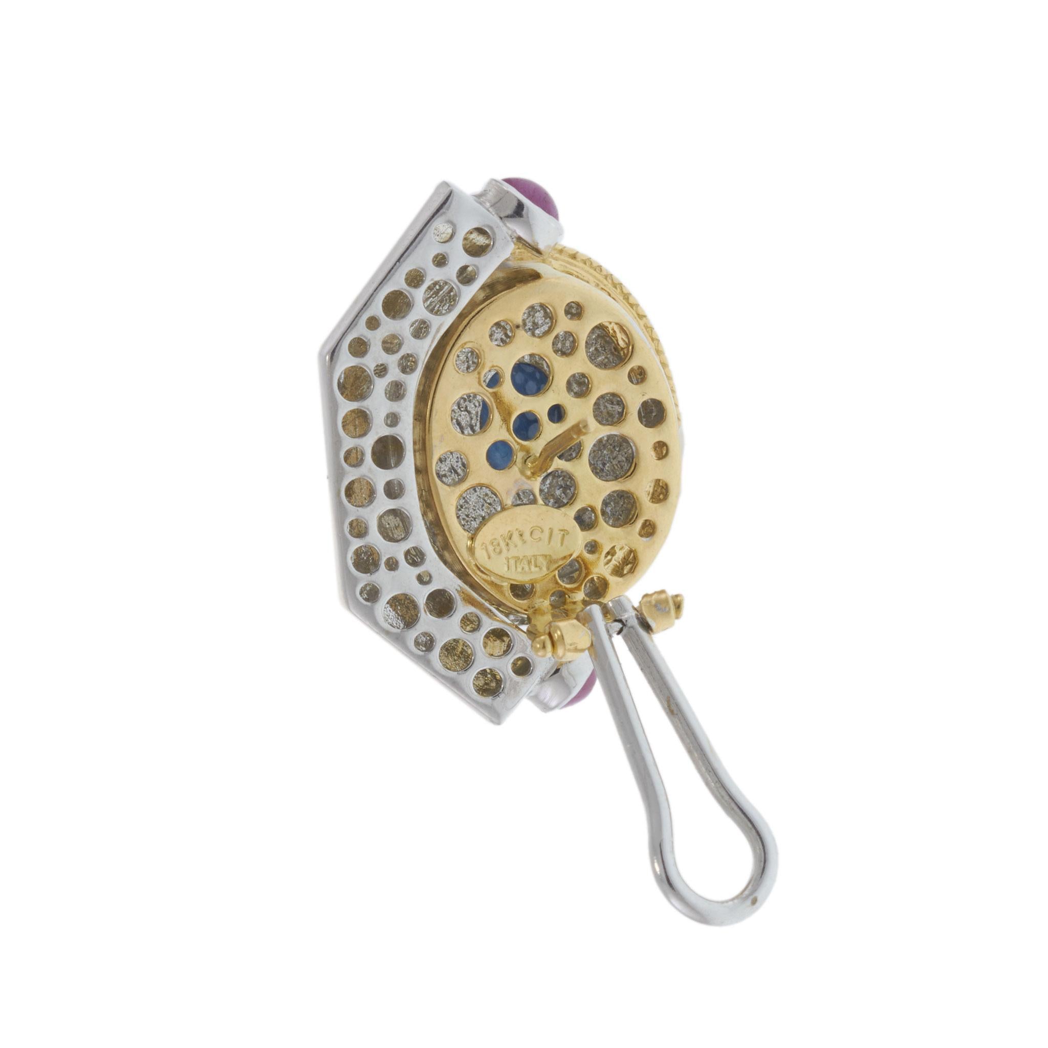 Retro Era Cabochon Sapphire, Ruby, and Diamond Earrings in 18KT Two-Tone Gold