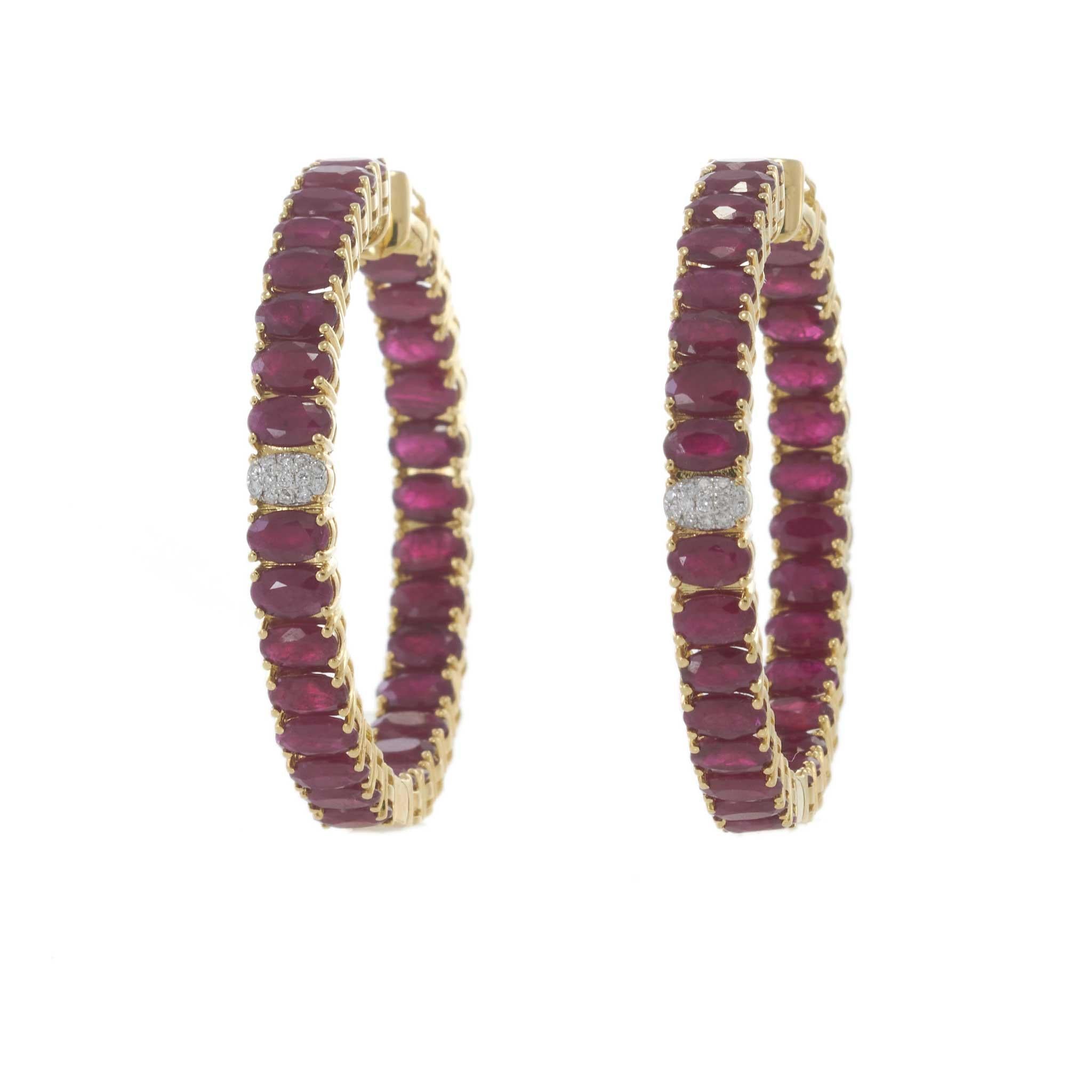 18KT Yellow Gold Ruby and Diamond Round Hoop Earrings