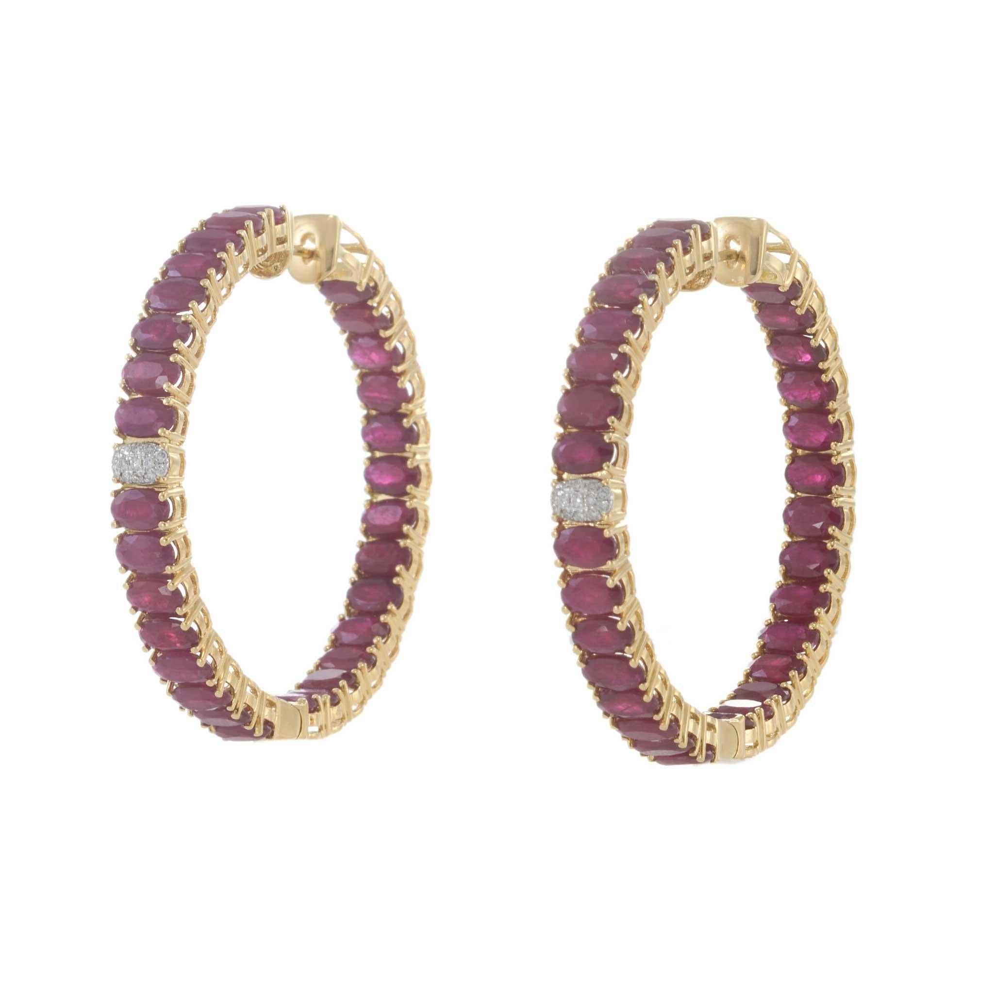 18KT Yellow Gold Ruby and Diamond Round Hoop Earrings