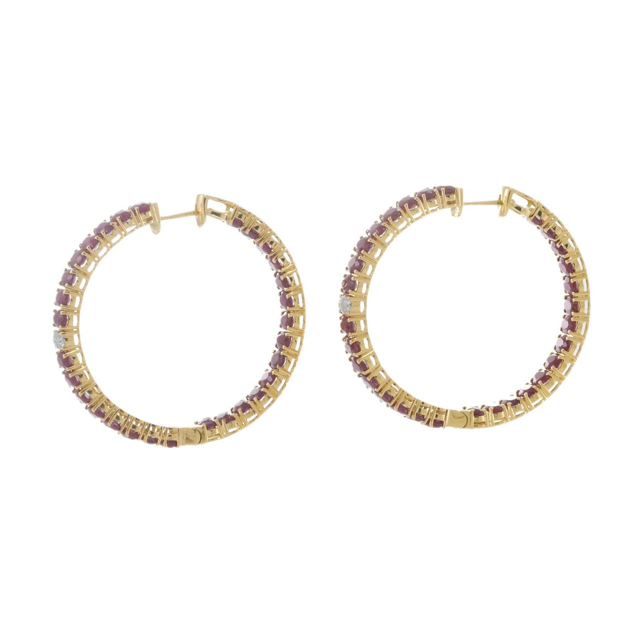 18KT Yellow Gold Ruby and Diamond Round Hoop Earrings