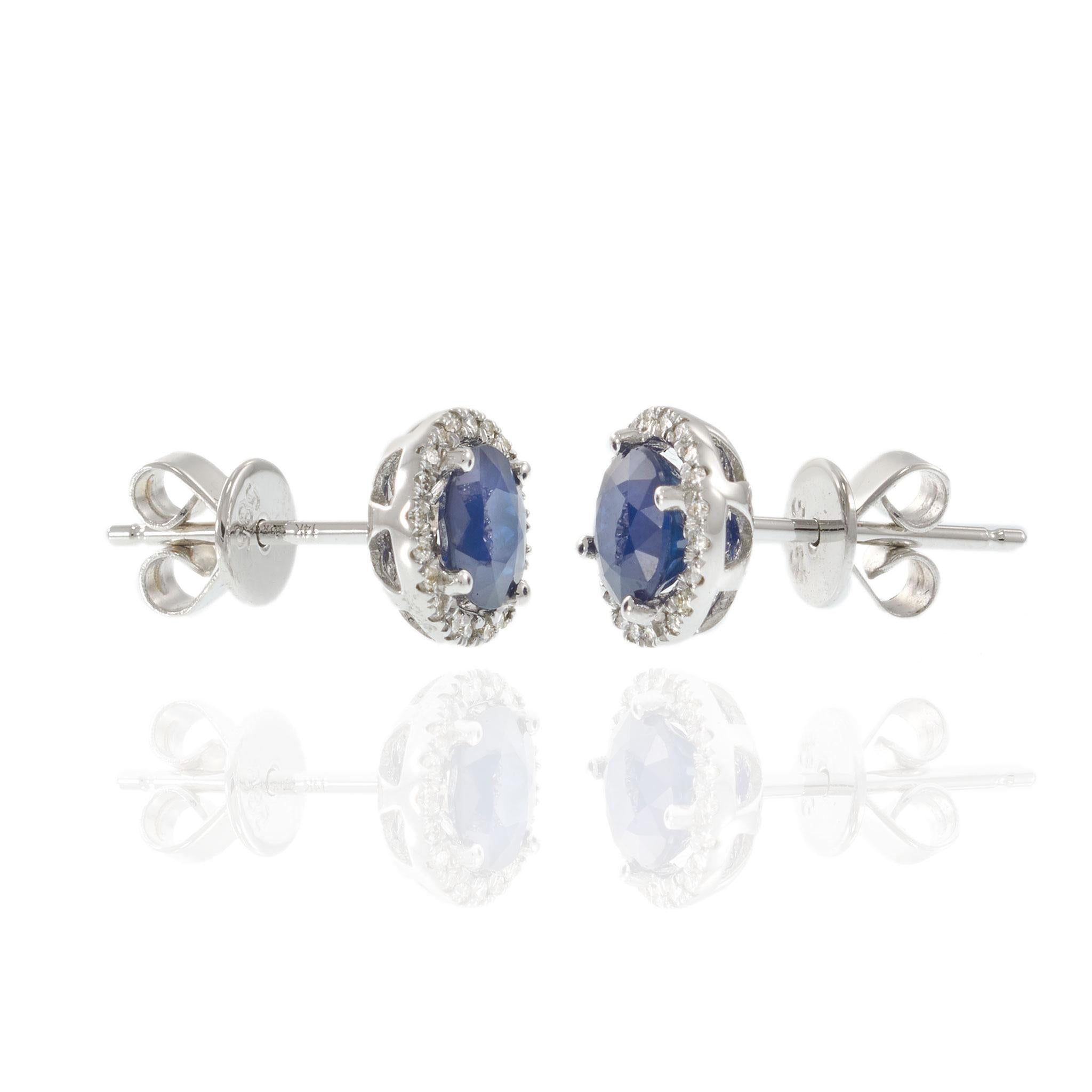 14KT White Gold 2.20CT-TW Blue Sapphire Diamond Circular Halo Stud Earrings