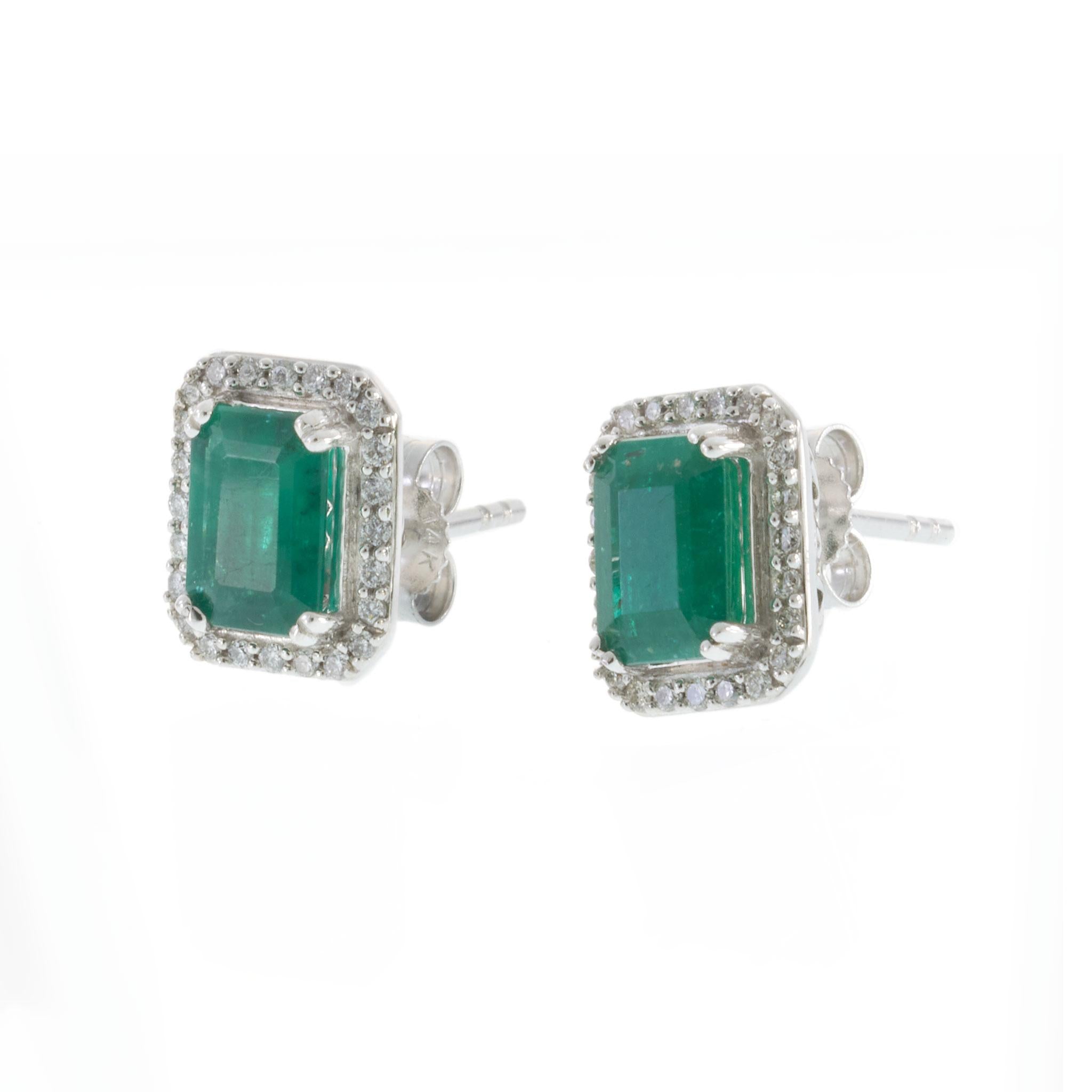 14KT White Gold Emerald Cut Emerald and Diamond Halo Stud Earrings