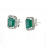 14KT White Gold Emerald Cut Emerald and Diamond Halo Stud Earrings