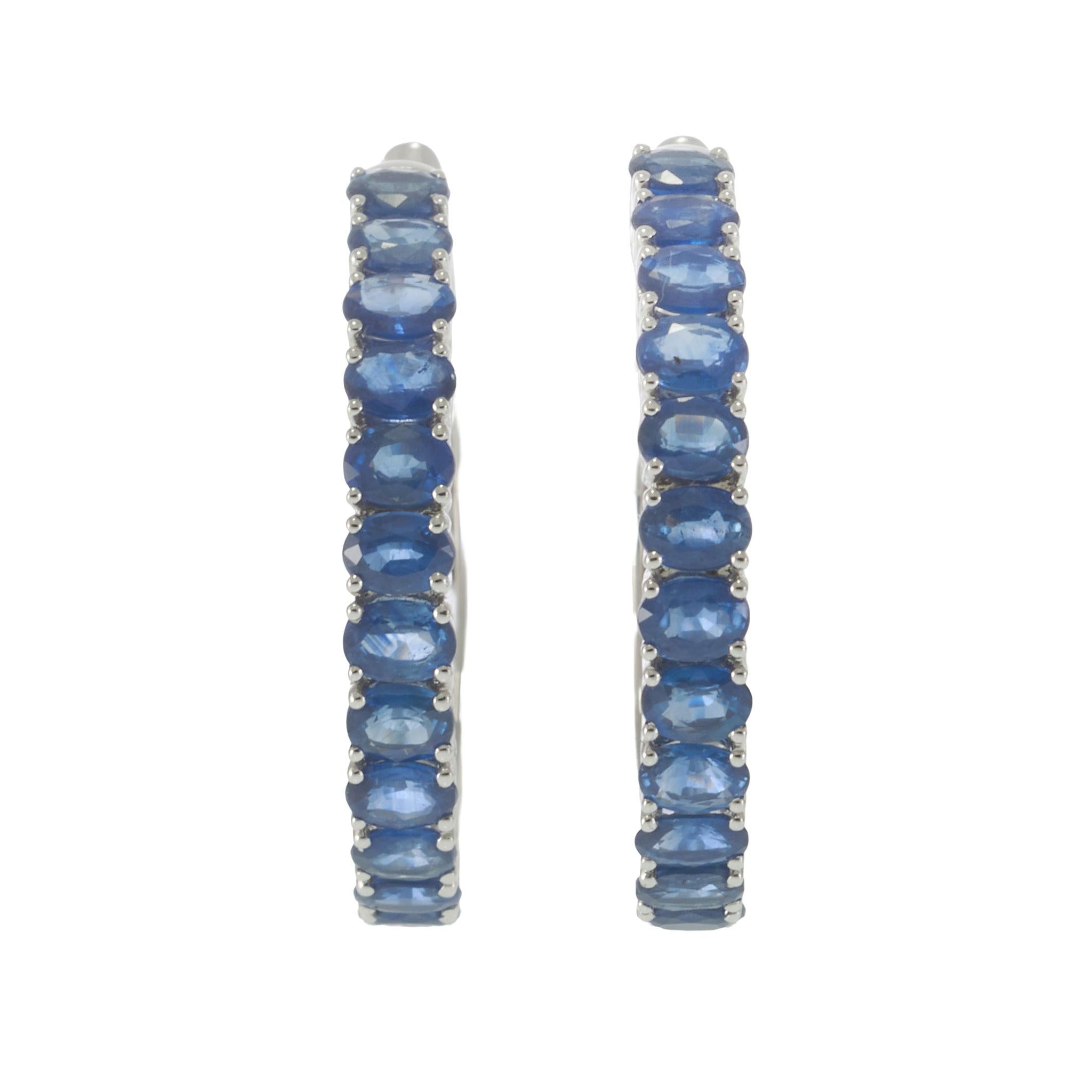 18KT White Gold 5.88CT Blue Sapphire Hoop Earrings