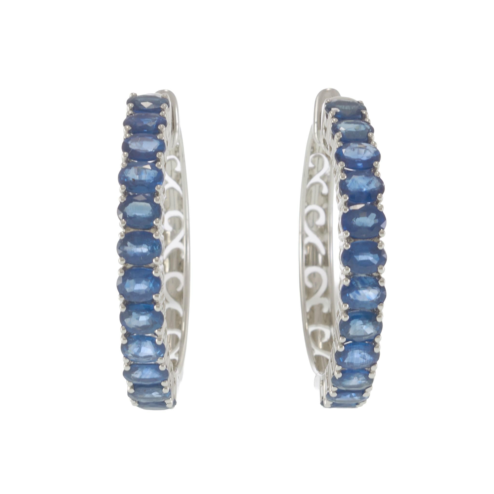 18KT White Gold 5.88CT Blue Sapphire Hoop Earrings