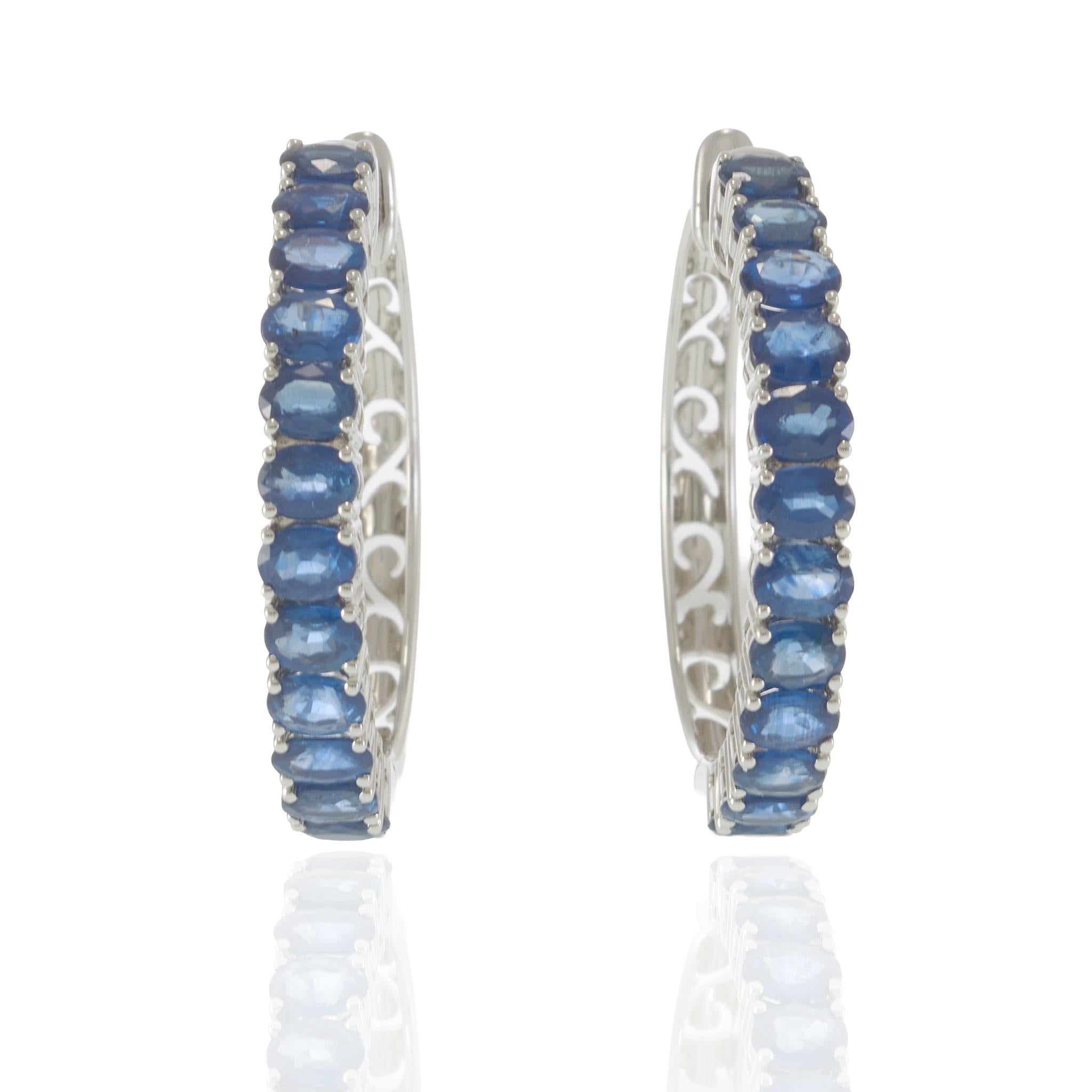 18KT White Gold 5.88CT Blue Sapphire Hoop Earrings