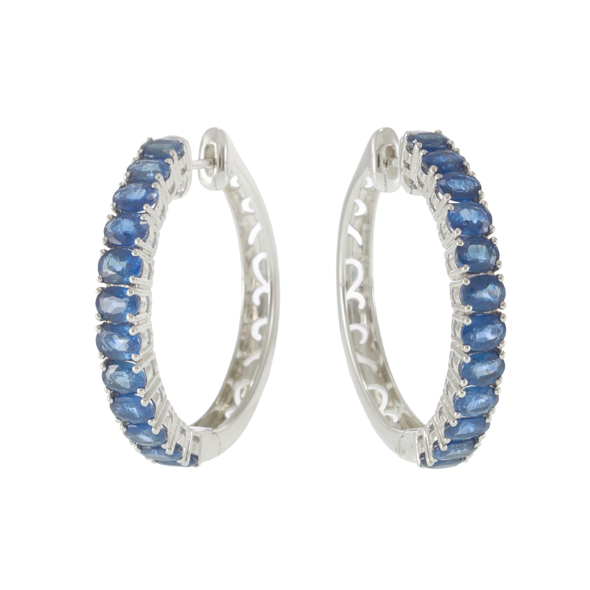 18KT White Gold 5.88CT Blue Sapphire Hoop Earrings