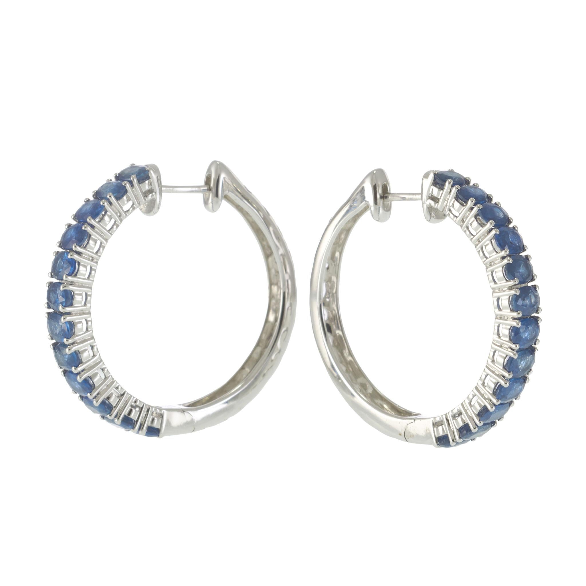 18KT White Gold 5.88CT Blue Sapphire Hoop Earrings