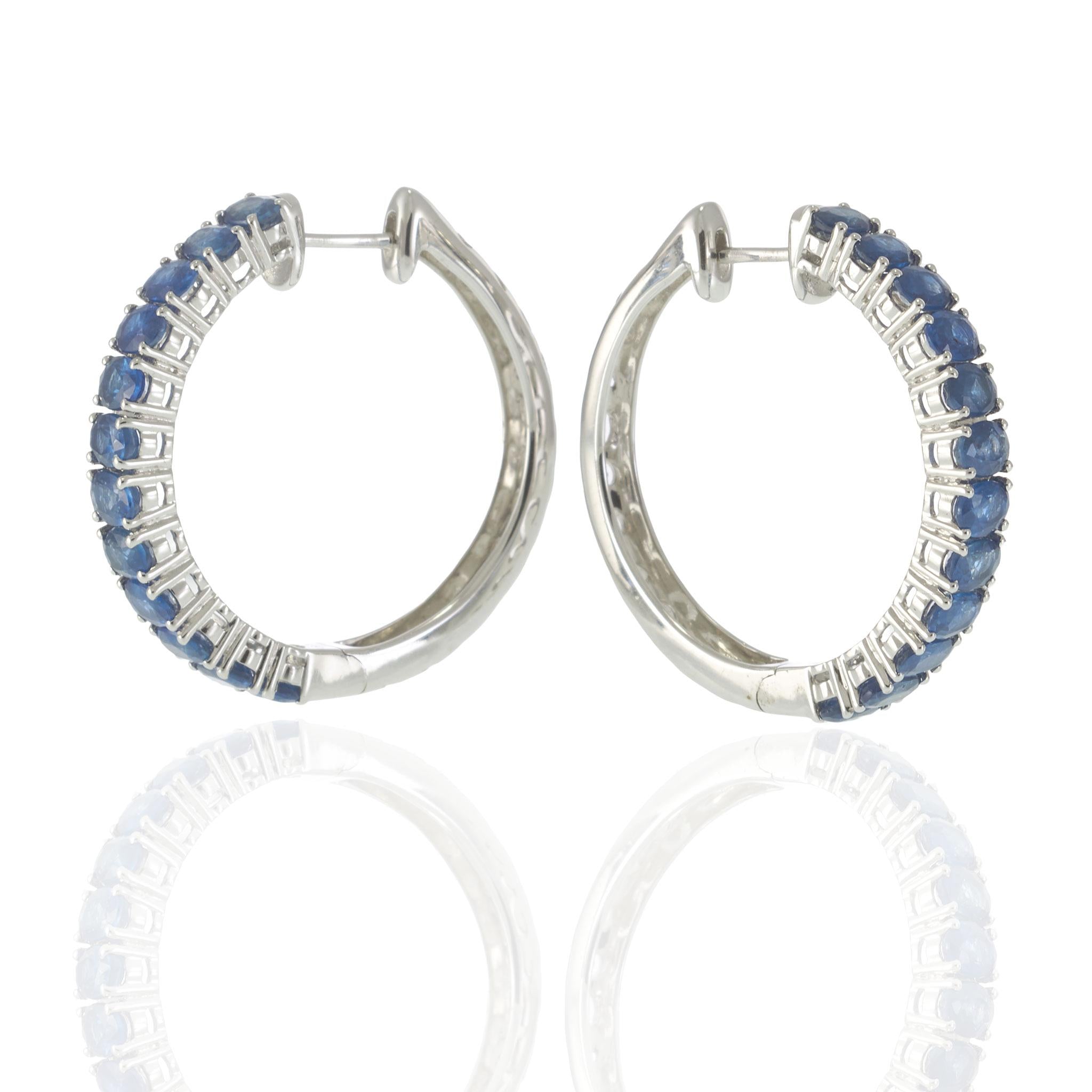 18KT White Gold 5.88CT Blue Sapphire Hoop Earrings