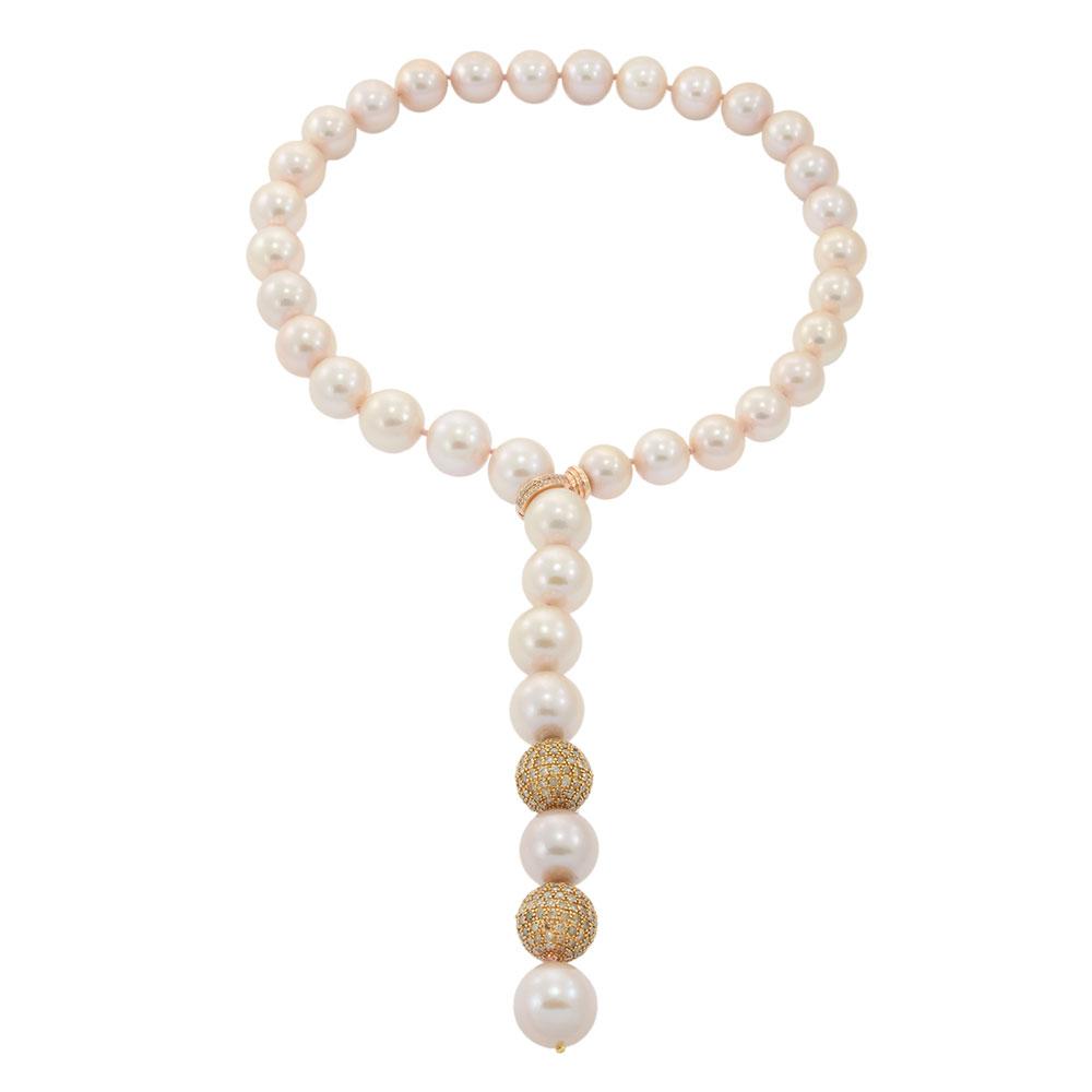 Pink Pearl and Champagne Diamond Lariat Necklace on 18KT Rose Gold