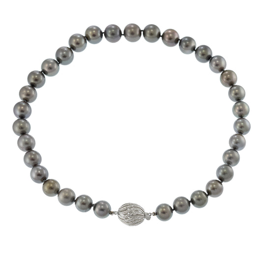 14KT White Gold Grey Tahitian Pearl Necklace with Diamond Clasp