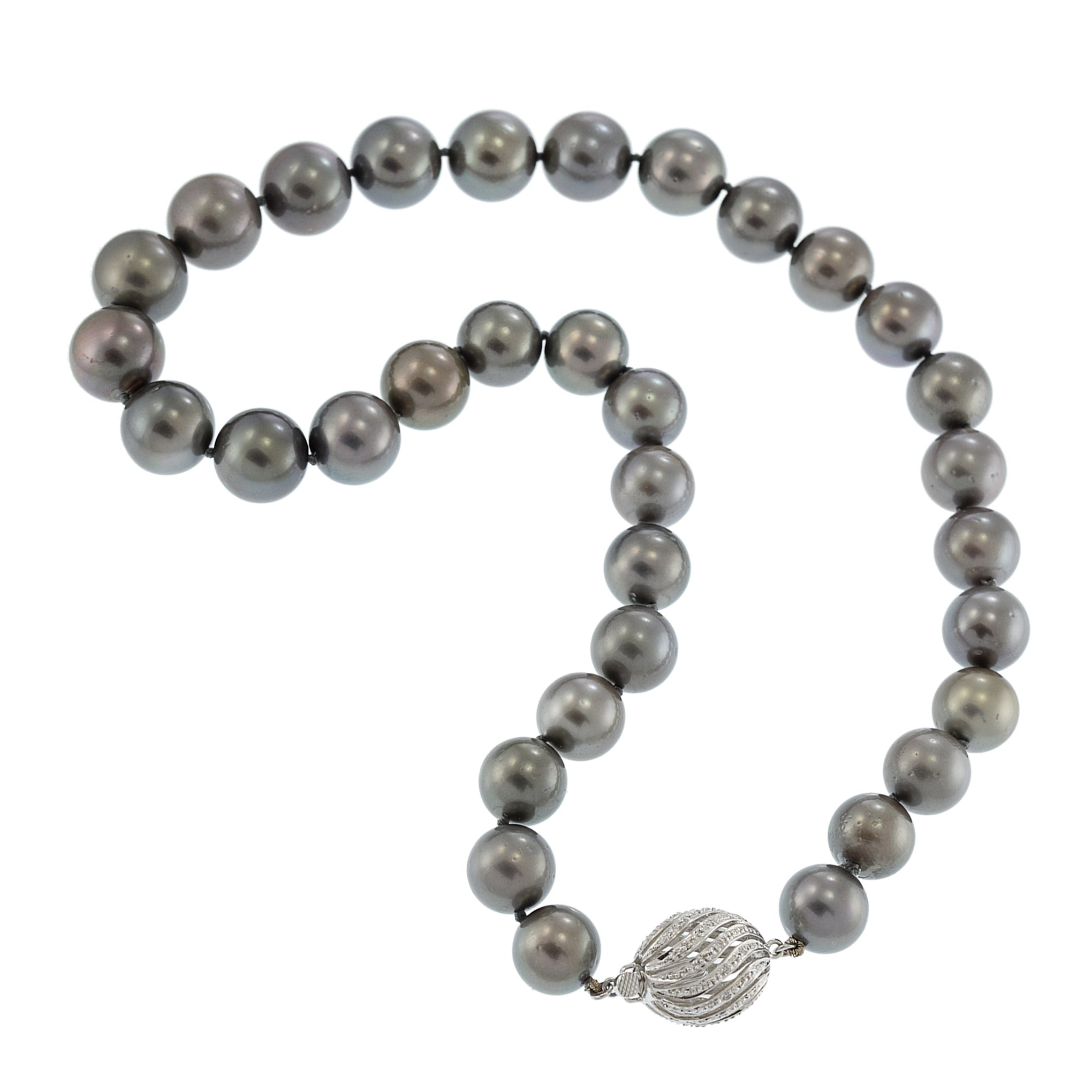 14KT White Gold Grey Tahitian Pearl Necklace with Diamond Clasp