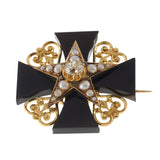 Antique Victorian Era Black Onyx Maltese Cross 18KT Brooch with Diamonds