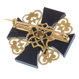 Antique Victorian Era Black Onyx Maltese Cross 18KT Brooch with Diamonds