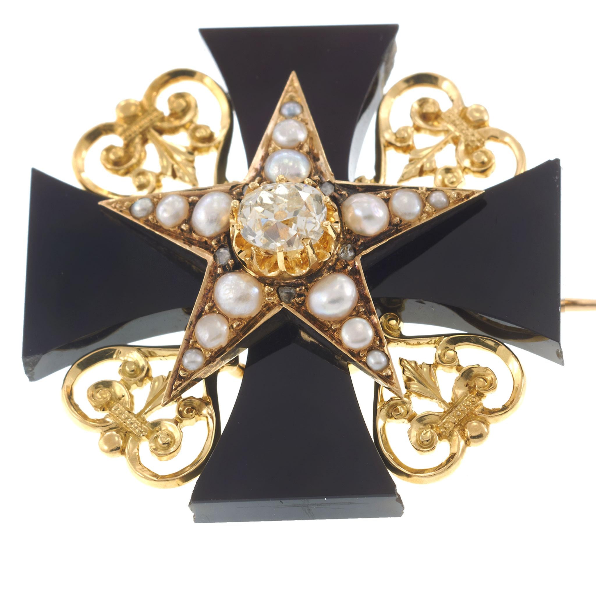 Antique Victorian Era Black Onyx Maltese Cross 18KT Brooch with Diamonds