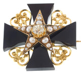 Antique Victorian Era Black Onyx Maltese Cross 18KT Brooch with Diamonds