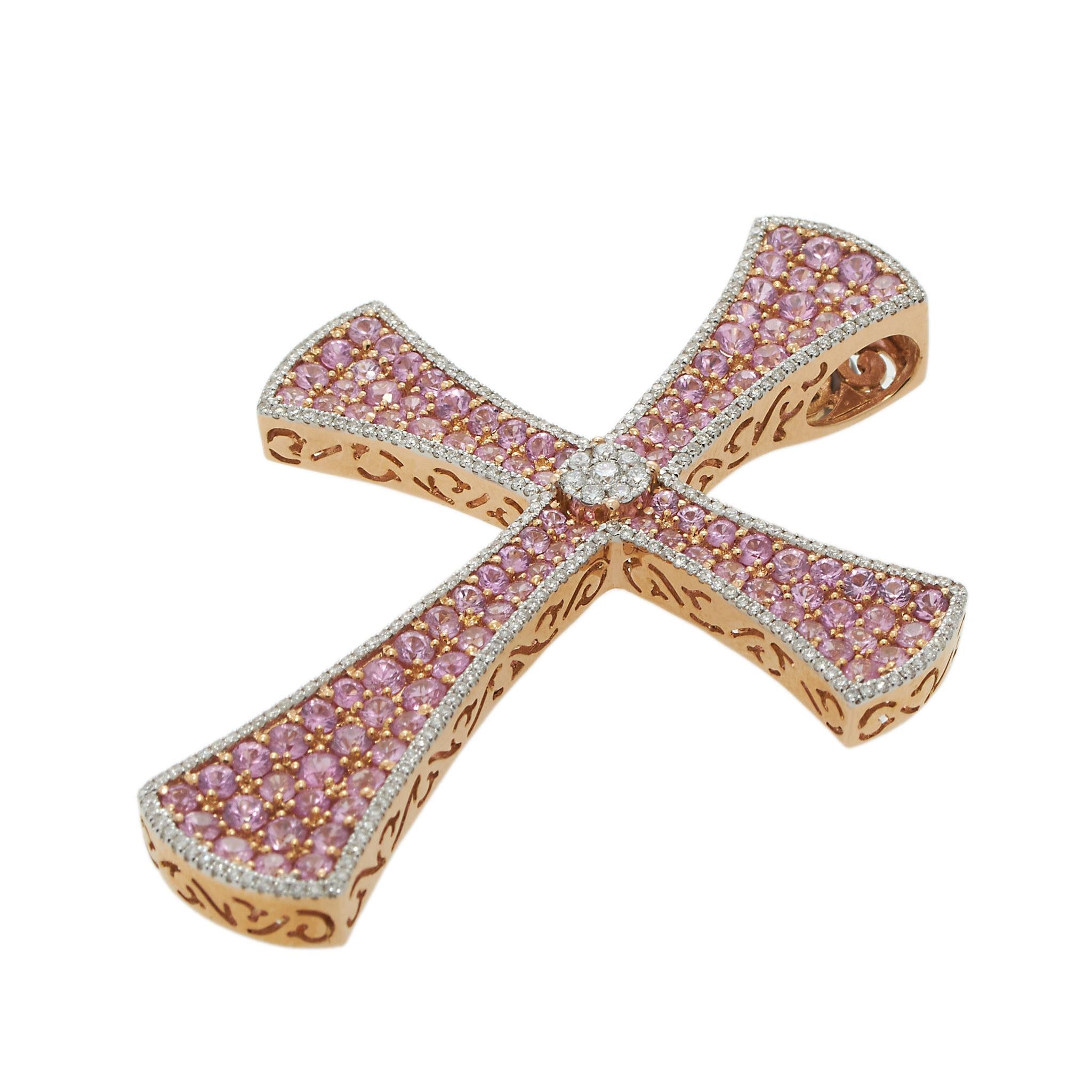 18KT Rose Gold Diamond & Pink Sapphire Cross Pendant