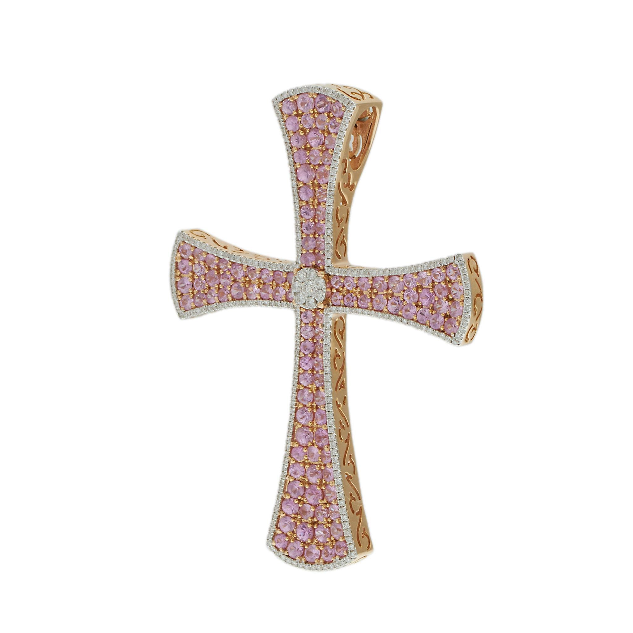 18KT Rose Gold Diamond & Pink Sapphire Cross Pendant