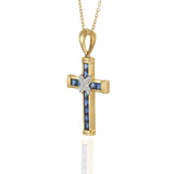 18KT Yellow Gold 1.01 CT-TW Sapphire and Diamond Cross Pendant Necklace