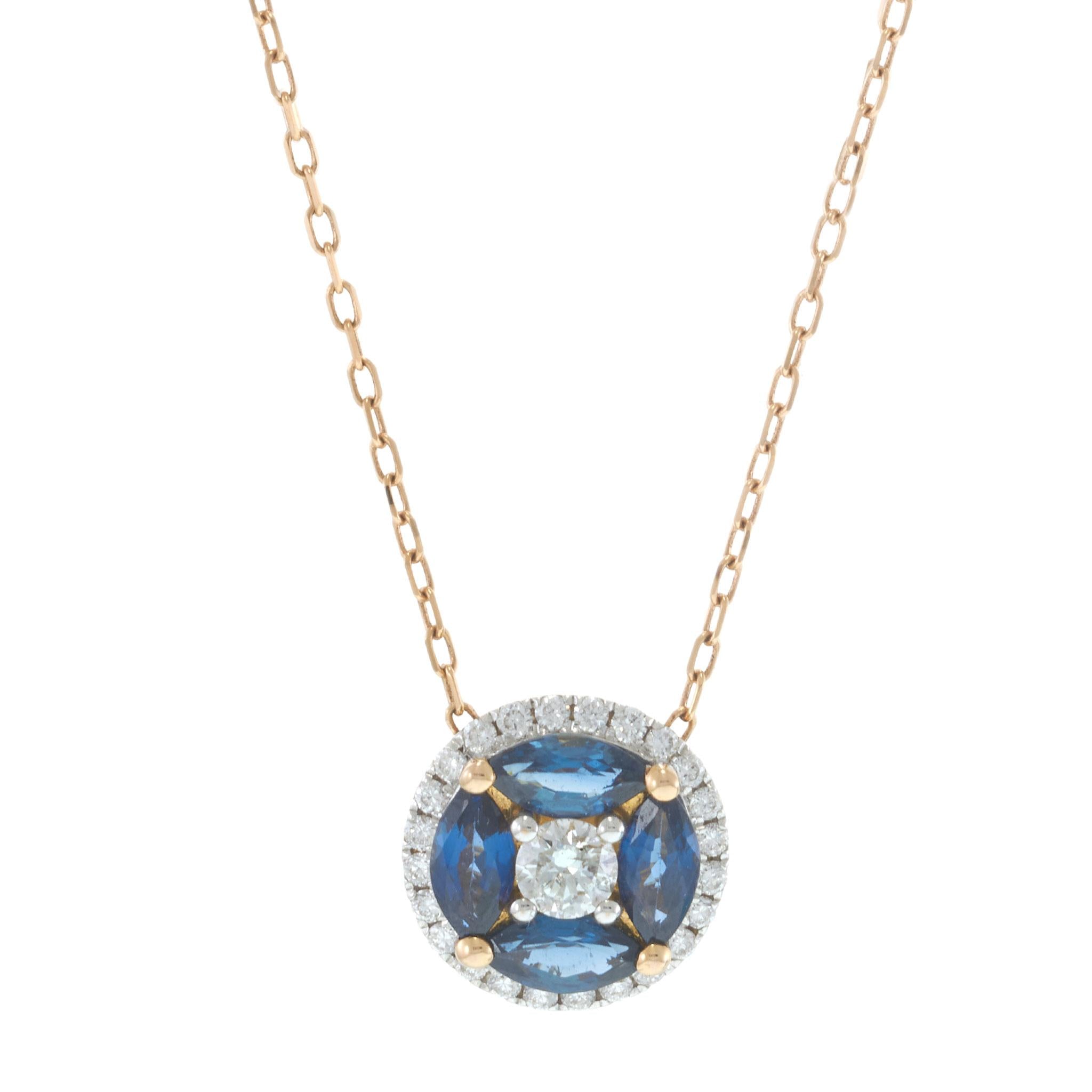 18KT Rose Gold Sapphire & Diamond Cluster Pendant Necklace