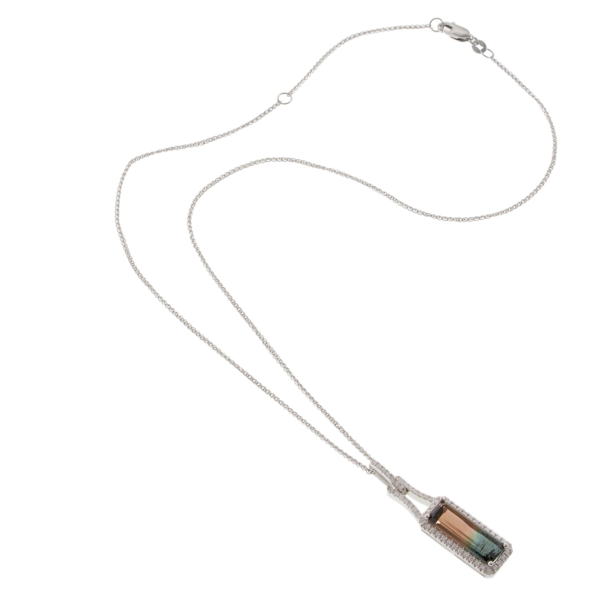 14KT White Gold 4.12CT Watermelon Tourmaline and Diamond Pendant Necklace