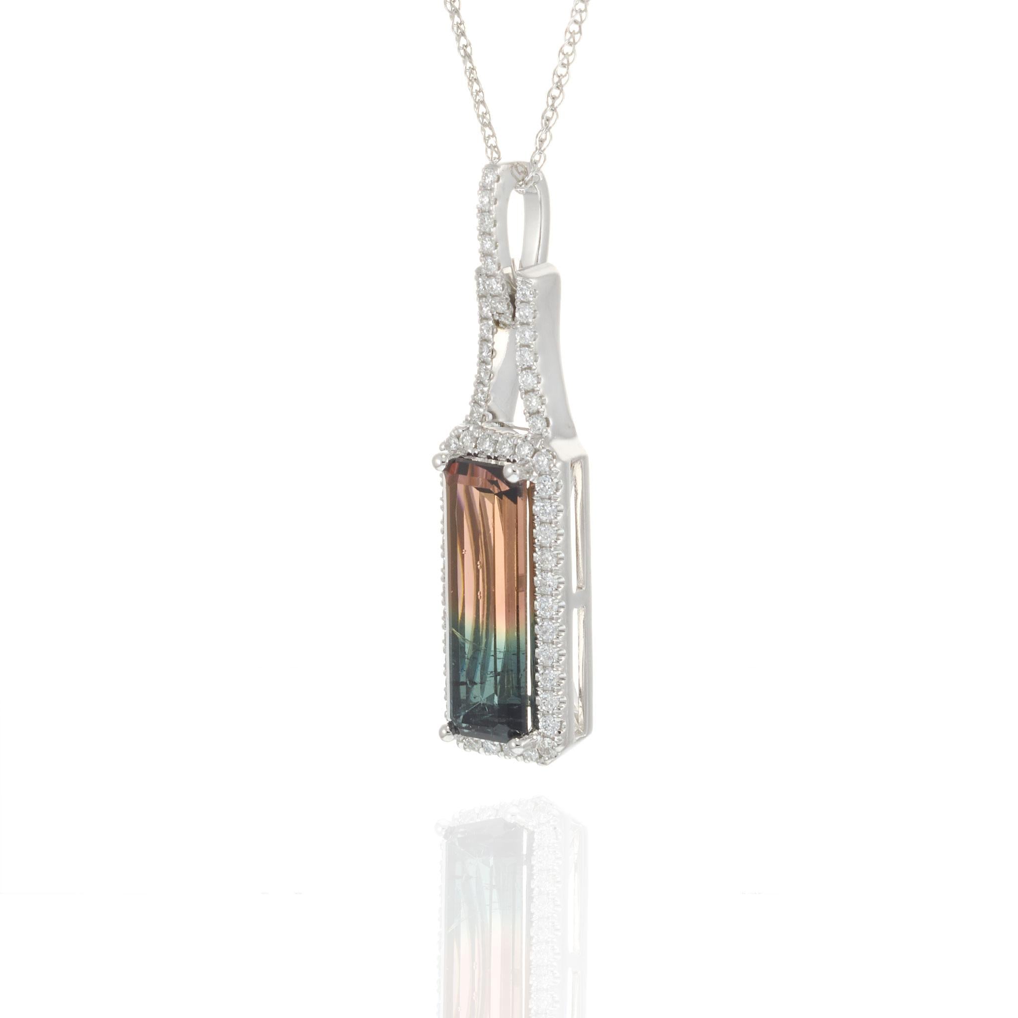 14KT White Gold 4.12CT Watermelon Tourmaline and Diamond Pendant Necklace