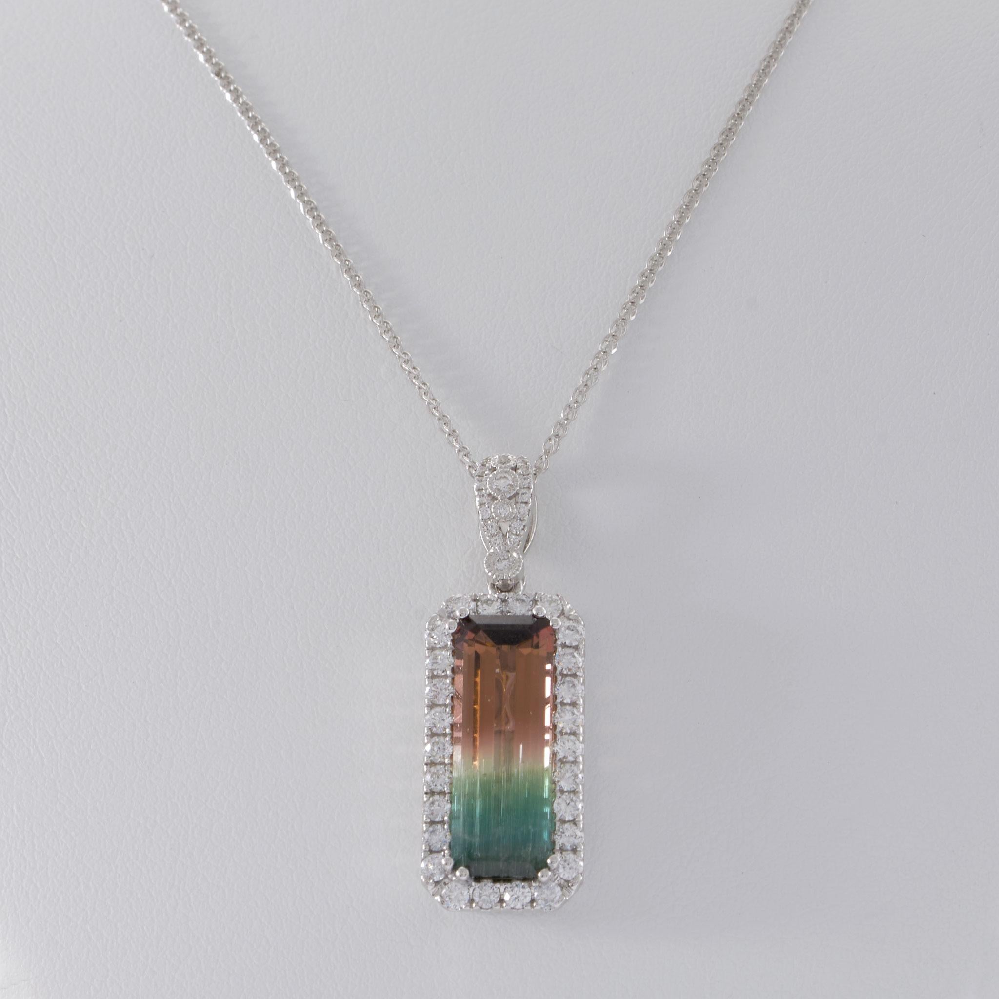 14KT White Gold 4.48CT Watermelon Tourmaline and Diamond Pendant Necklace