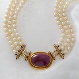 Vintage Retro Era 18KT Yellow Gold Ruby, Diamond and Akoya Pearl Necklace