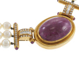 Vintage Retro Era 18KT Yellow Gold Ruby, Diamond and Akoya Pearl Necklace
