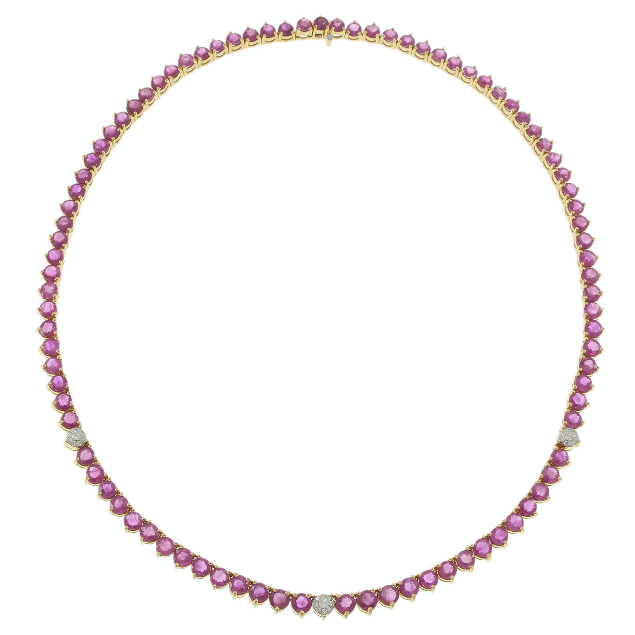 18KT Yellow Gold Ruby & Diamond Tennis Necklace – 26.77CTW